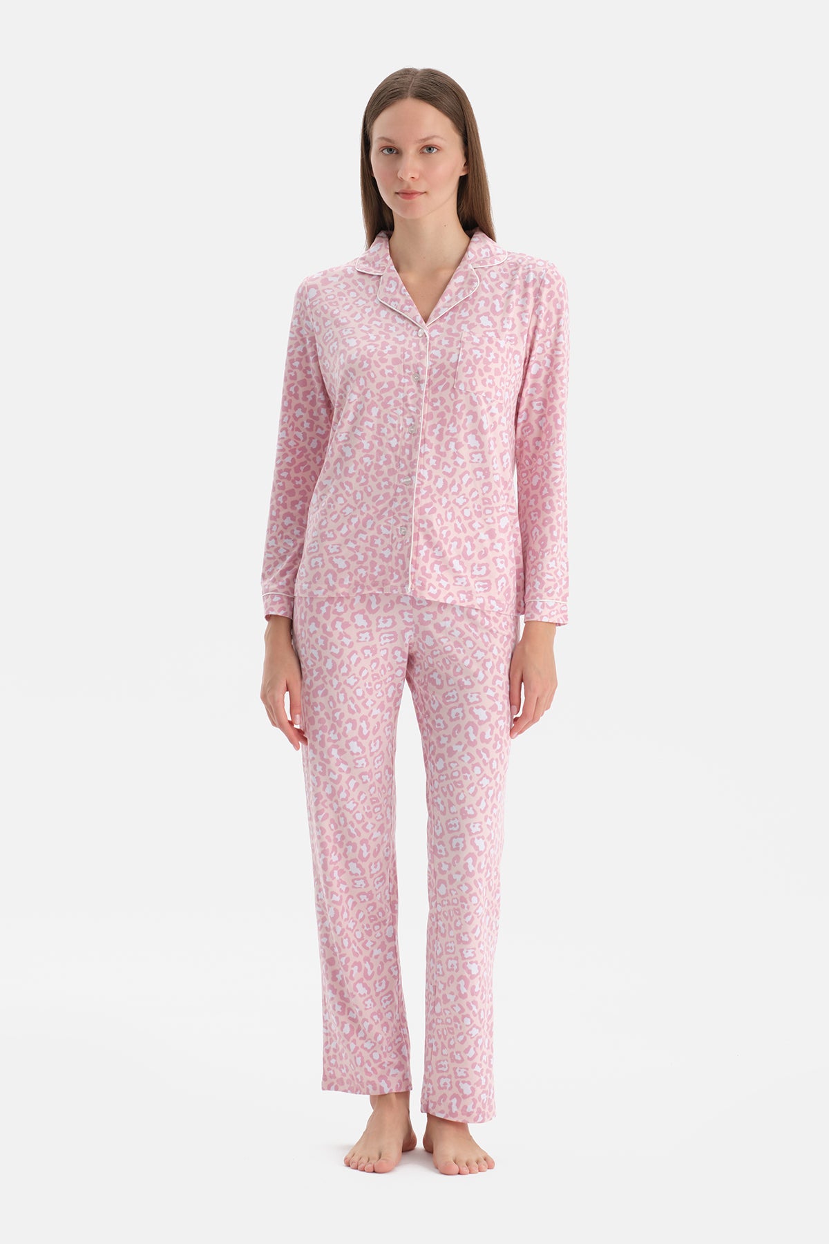Açık Pembe Leopar Desenli Termal Pijama Takımı