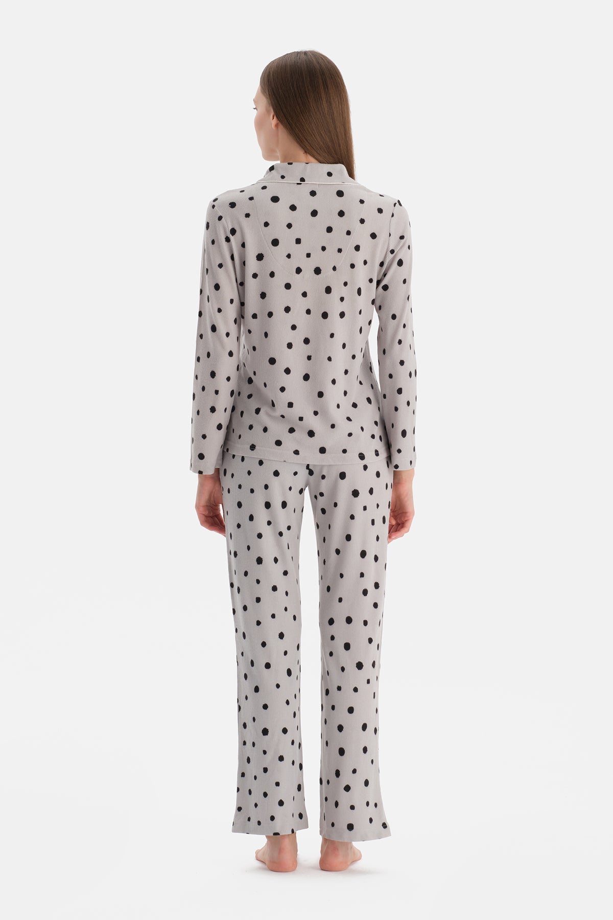 Açık Gri Puantiyeli Waffle Pijama Takımı