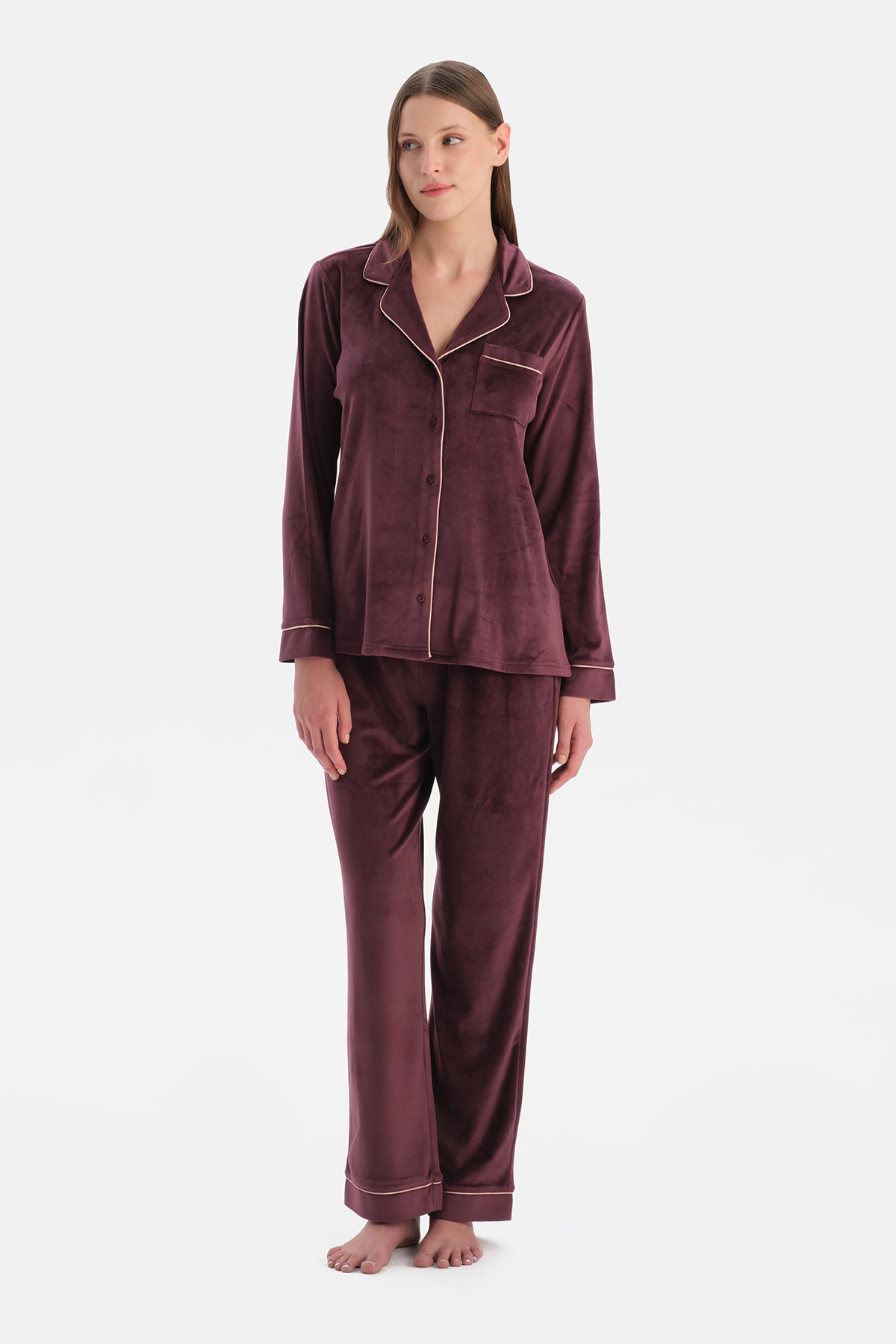 Bordo Biye Detaylı Kadife Gömlek Pantolon Pijama Takımı