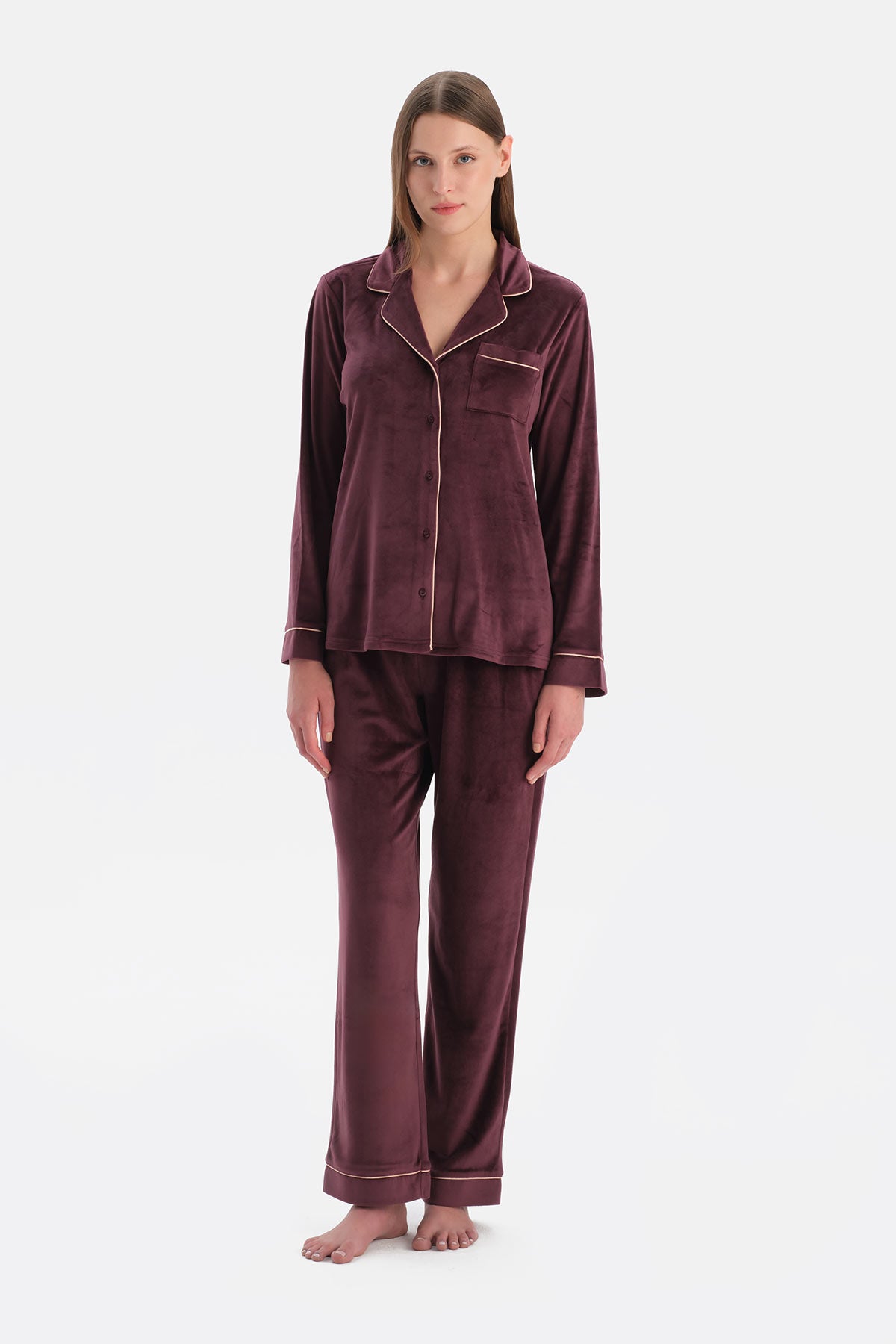 Bordo Biye Detaylı Kadife Gömlek Pantolon Pijama Takımı