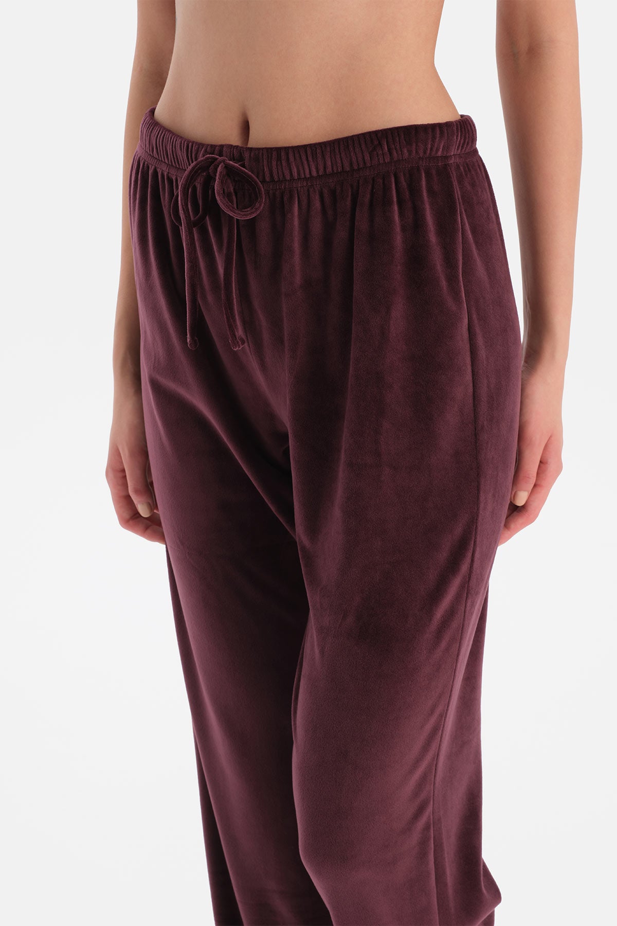 Bordo Biye Detaylı Kadife Gömlek Pantolon Pijama Takımı