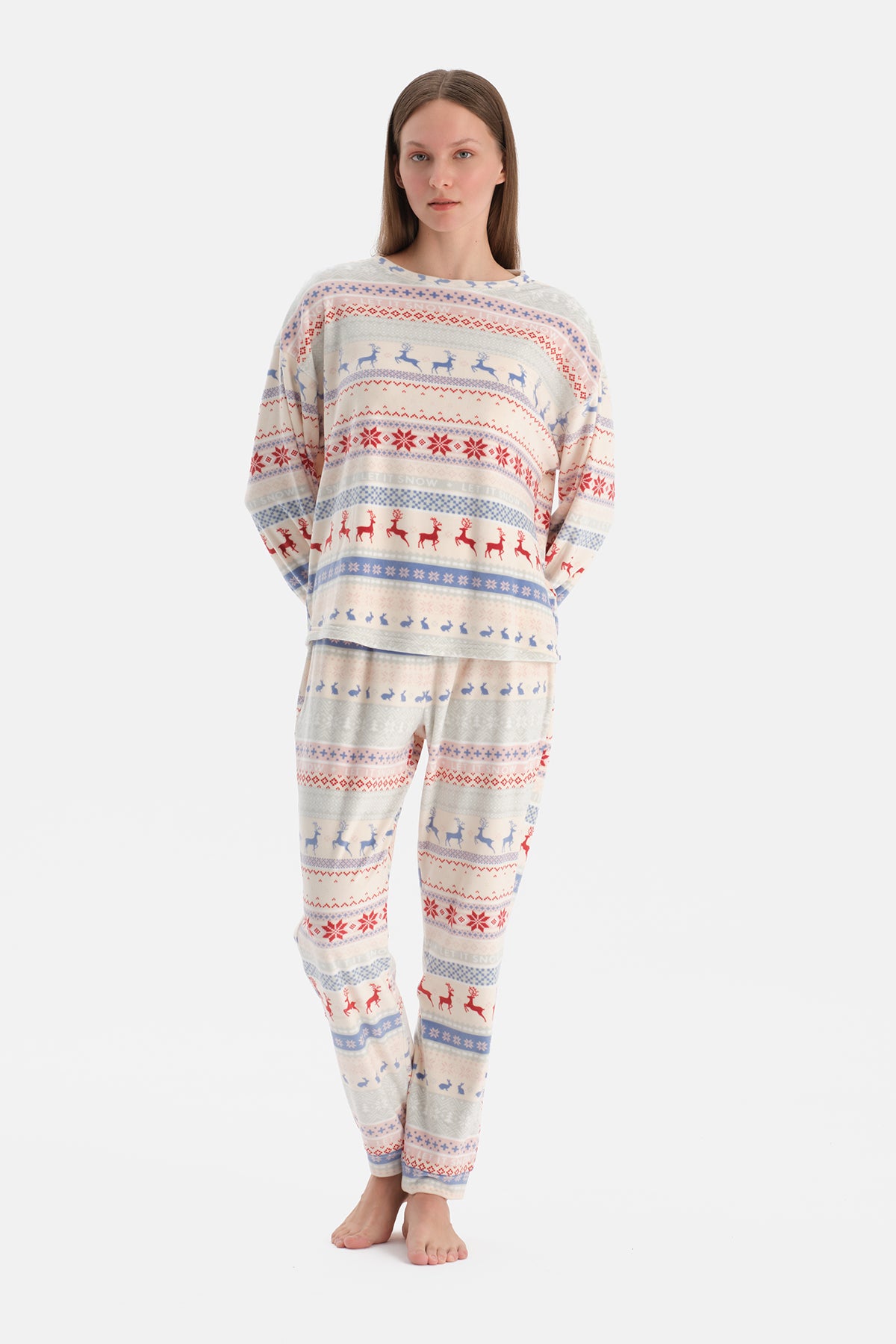 Multicolor Baskılı Kadife Tişört Pantolon Pijama Takımı