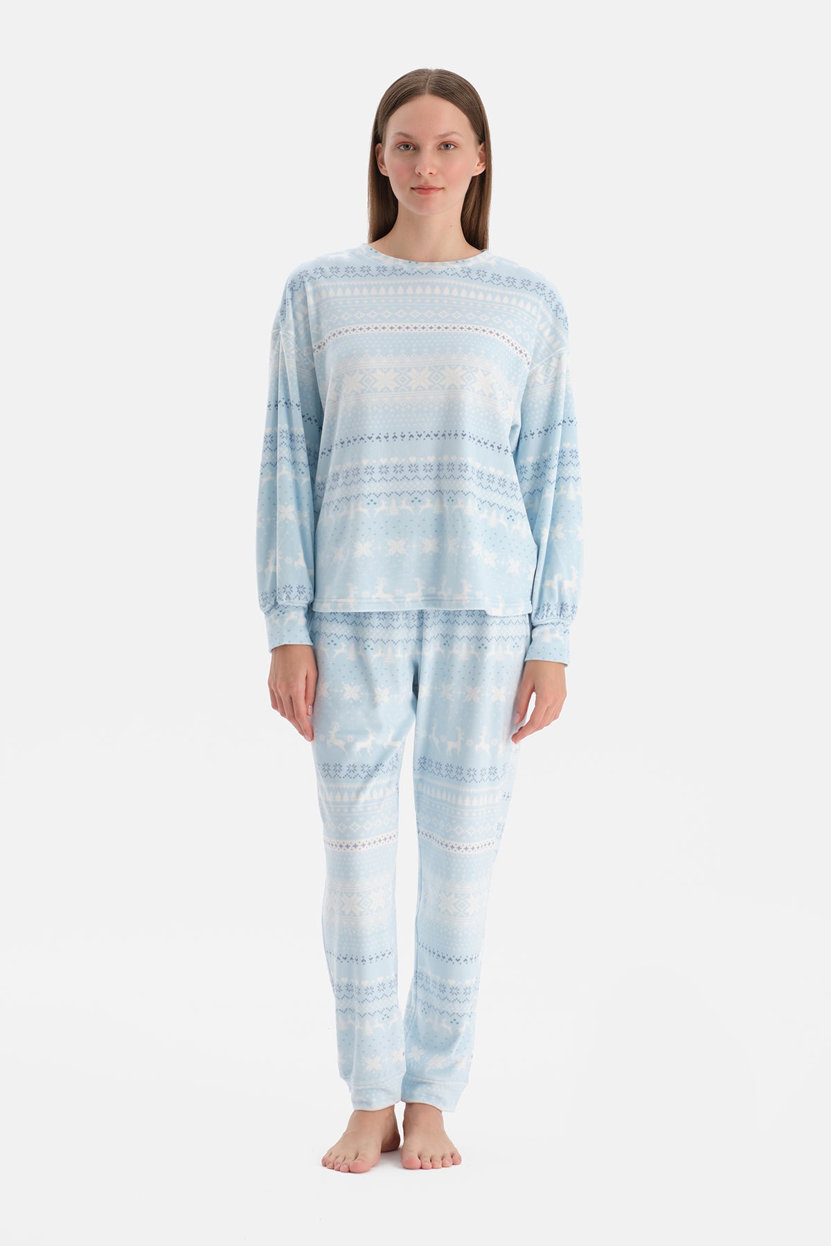 Açık Mavi Baskılı Kadife Tişört Pantolon Pijama Takımı