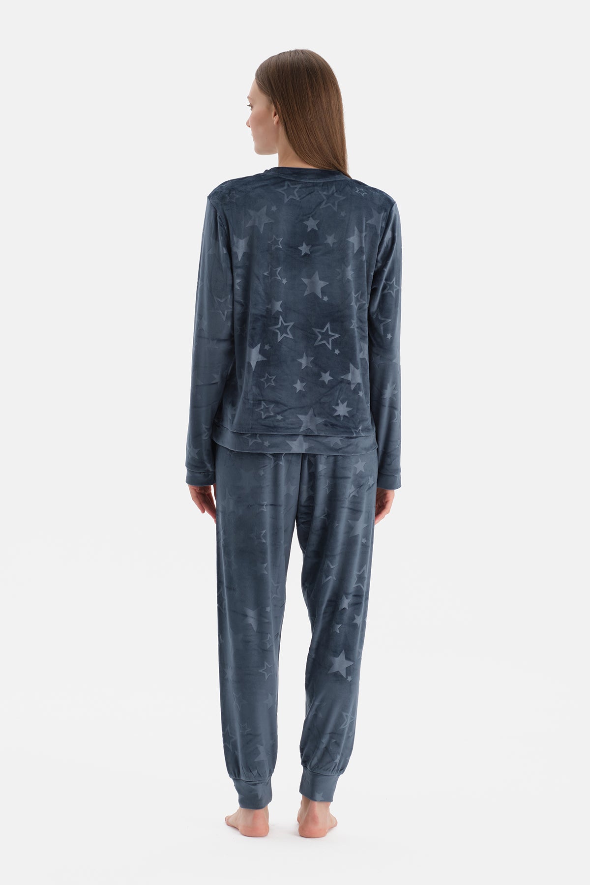 Lacivert Gofre Yıldız Baskılı Tişört Pantolon Pijama Takımı