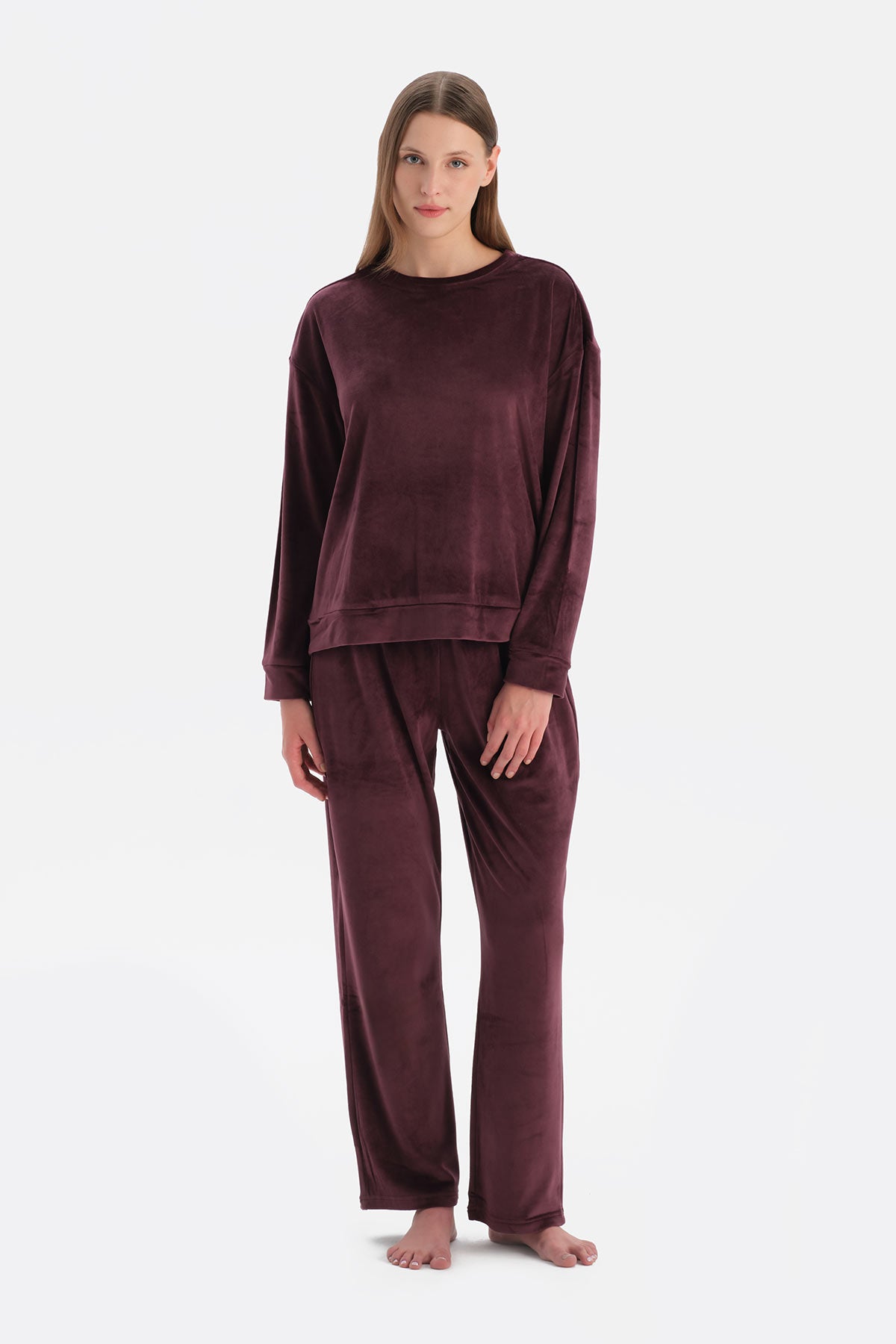 Bordo Uzun Kollu Kadife Tişört Pantolon Pijama Takımı