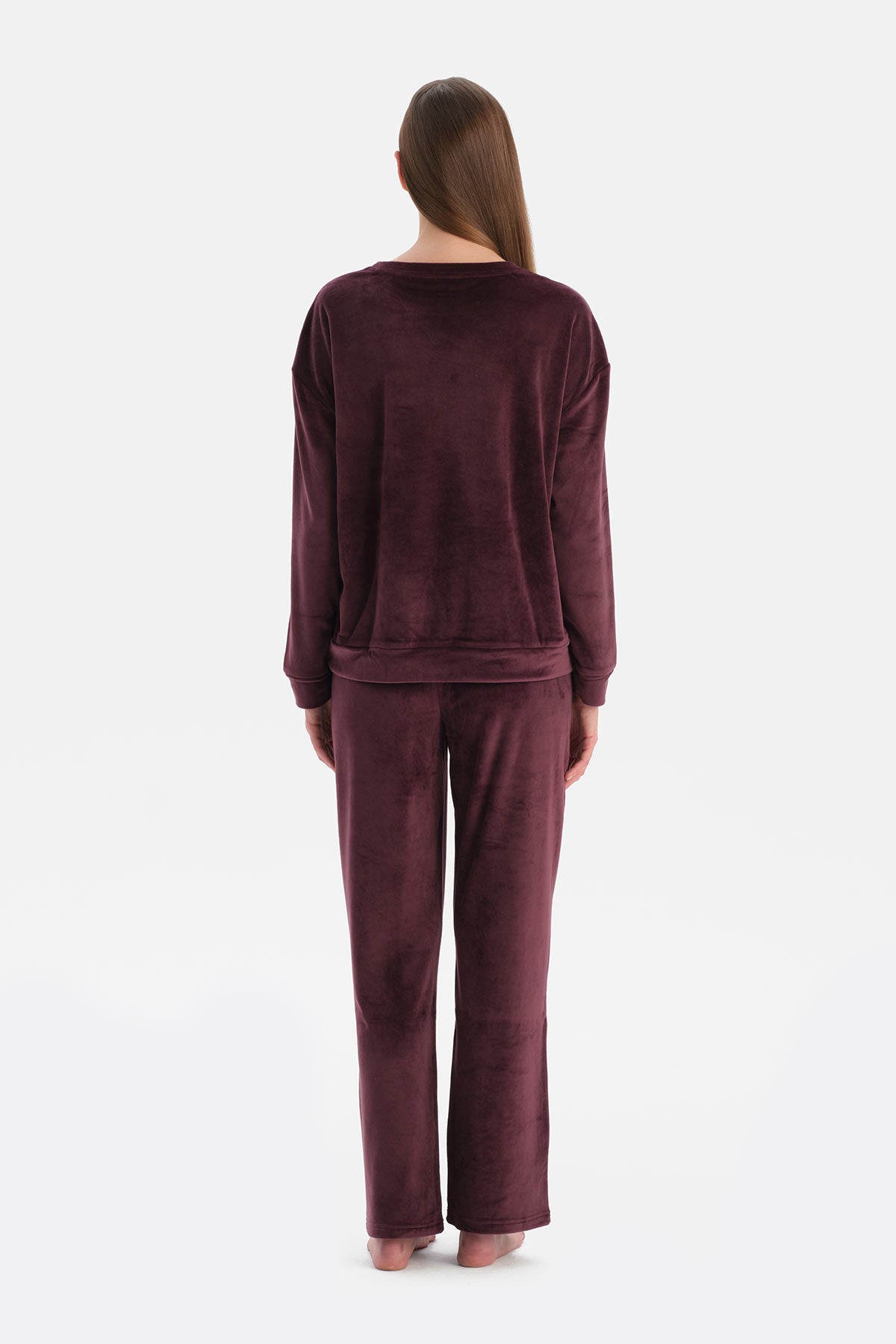 Bordo Uzun Kollu Kadife Tişört Pantolon Pijama Takımı