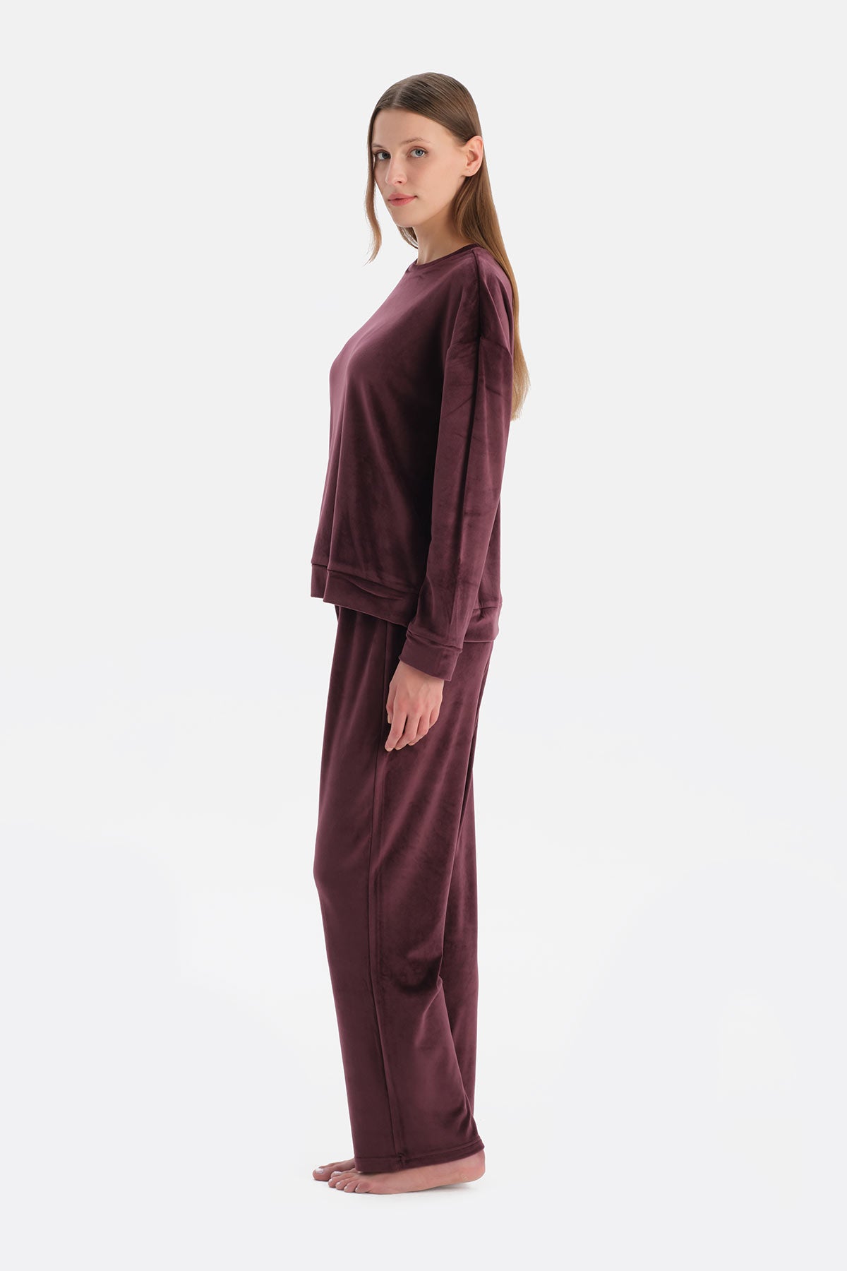 Bordo Uzun Kollu Kadife Tişört Pantolon Pijama Takımı