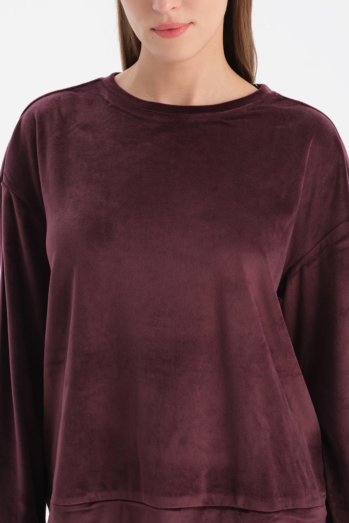 Bordo Uzun Kollu Kadife Tişört Pantolon Pijama Takımı