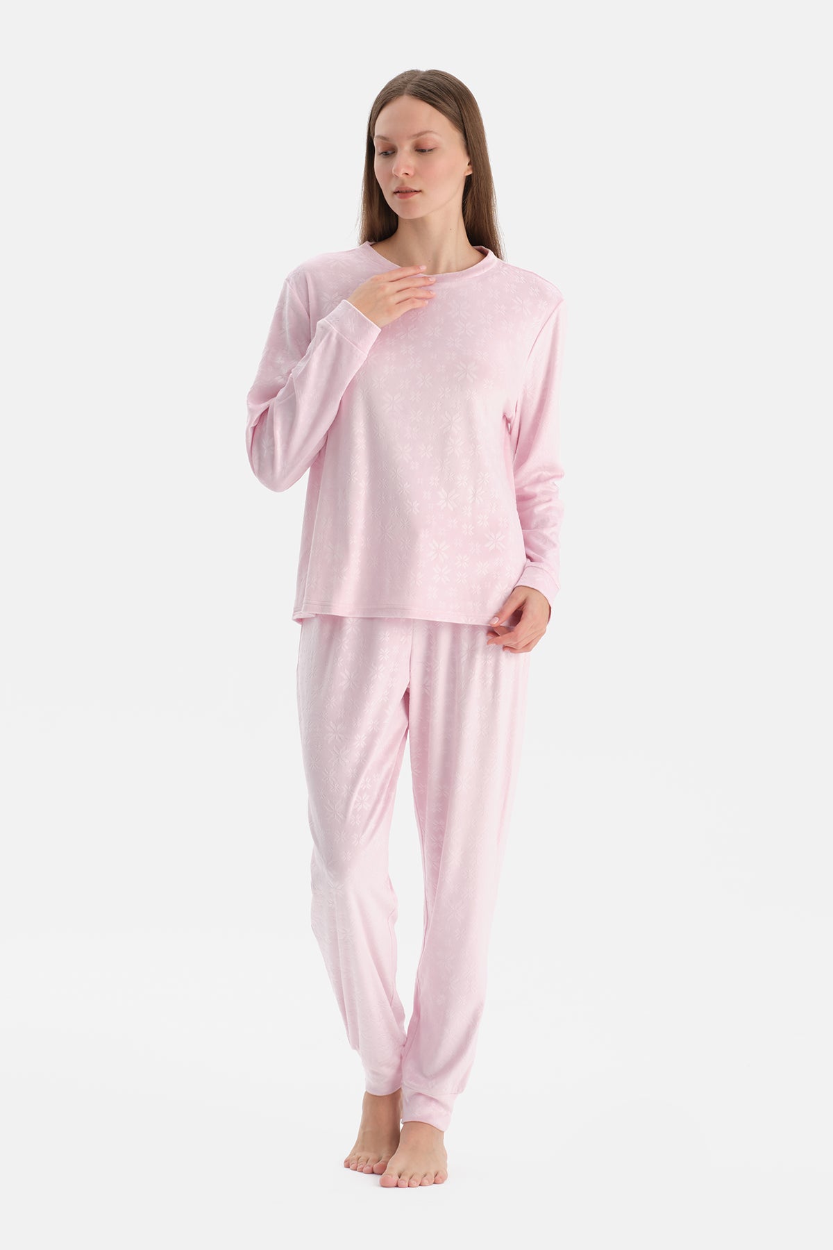 Açık Pembe Gofre Kar Baskılı Tişört Pantolon Pijama Takımı