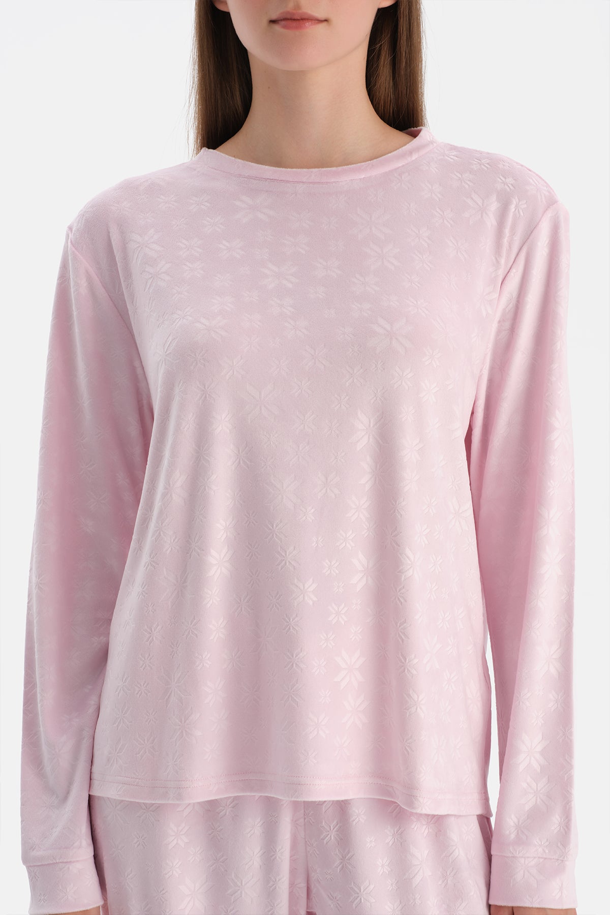 Açık Pembe Gofre Kar Baskılı Tişört Pantolon Pijama Takımı