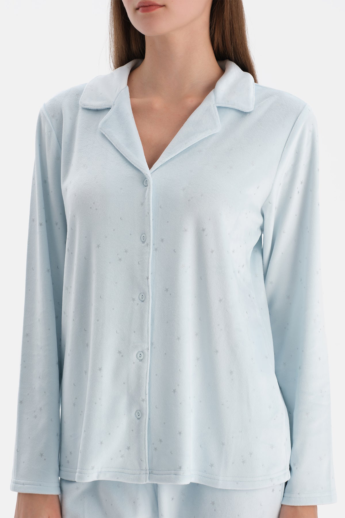 Açık Mavi Varaklı Kadife Gömlek Pantolon Pijama Takımı