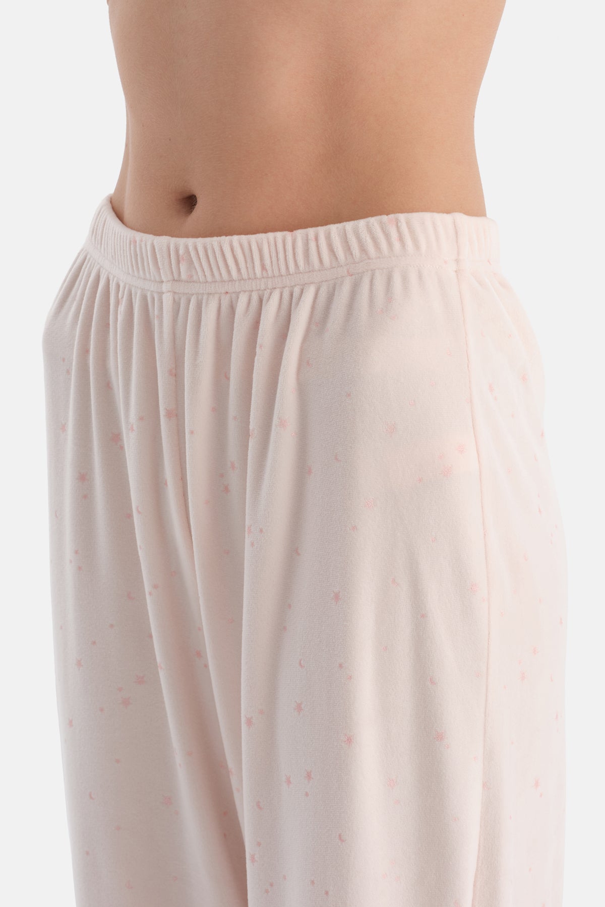 Ekru Parlak Yıldız Baskılı Kadife Tişört Pantolon Pijama Takımı