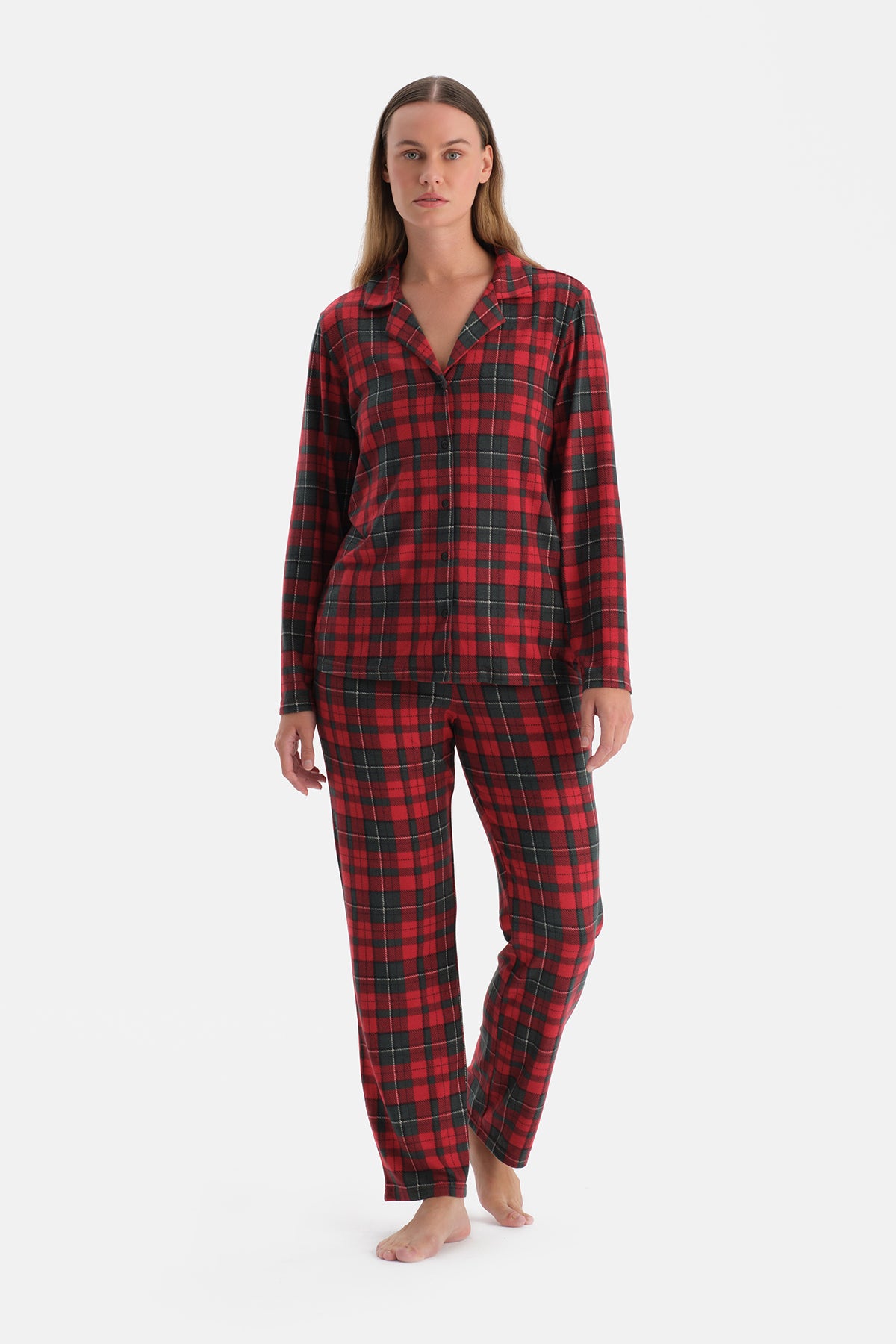 Kırmızı Ekoseli Termal Gömlek Pantolon Pijama Takımı