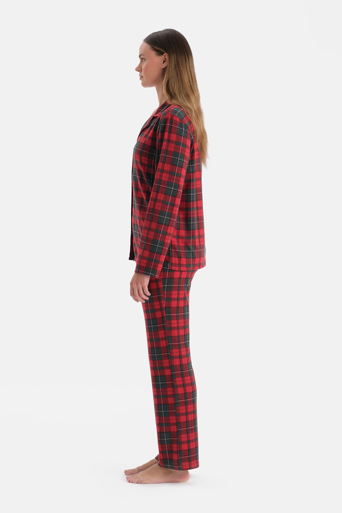 Kırmızı Ekoseli Termal Gömlek Pantolon Pijama Takımı