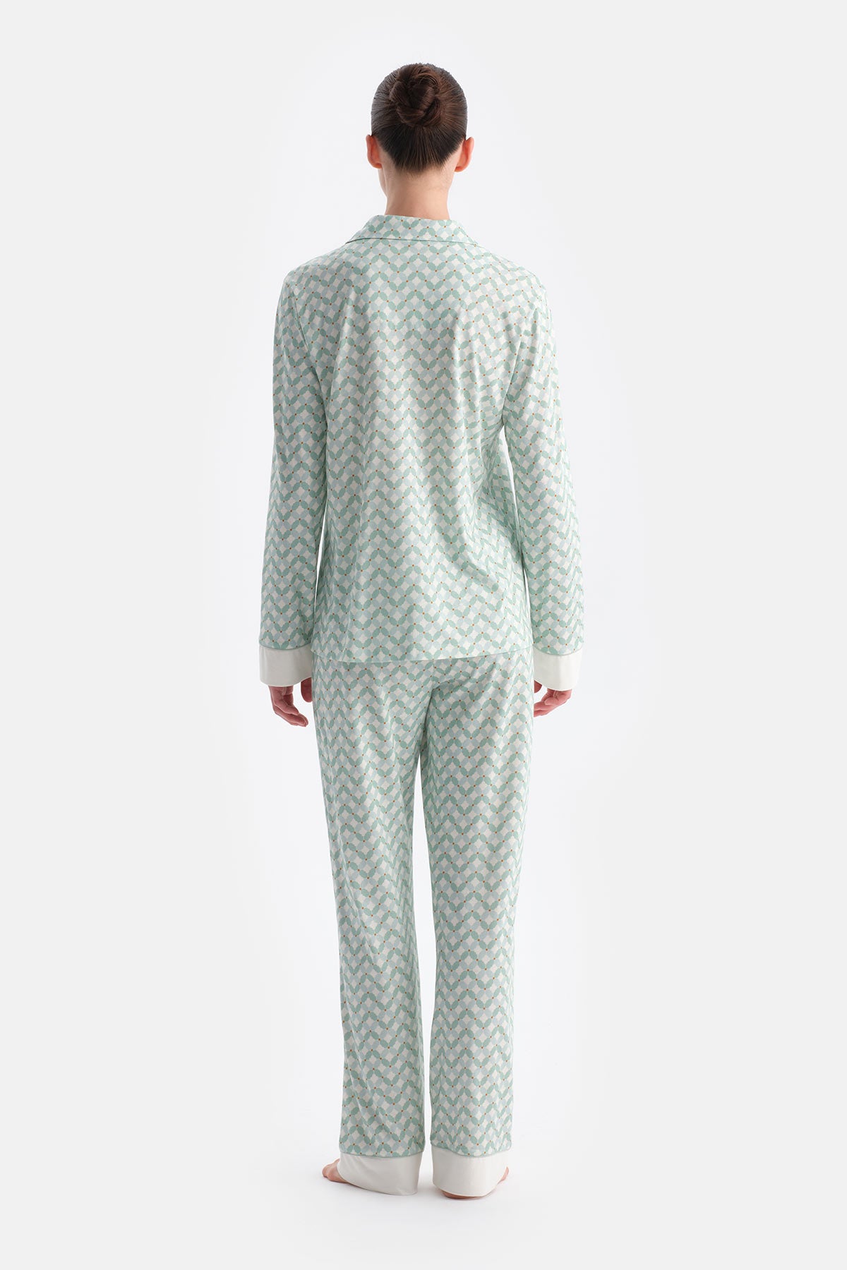 Su Yeşili Geometrik Desenli Gömlek Pantolon Takım