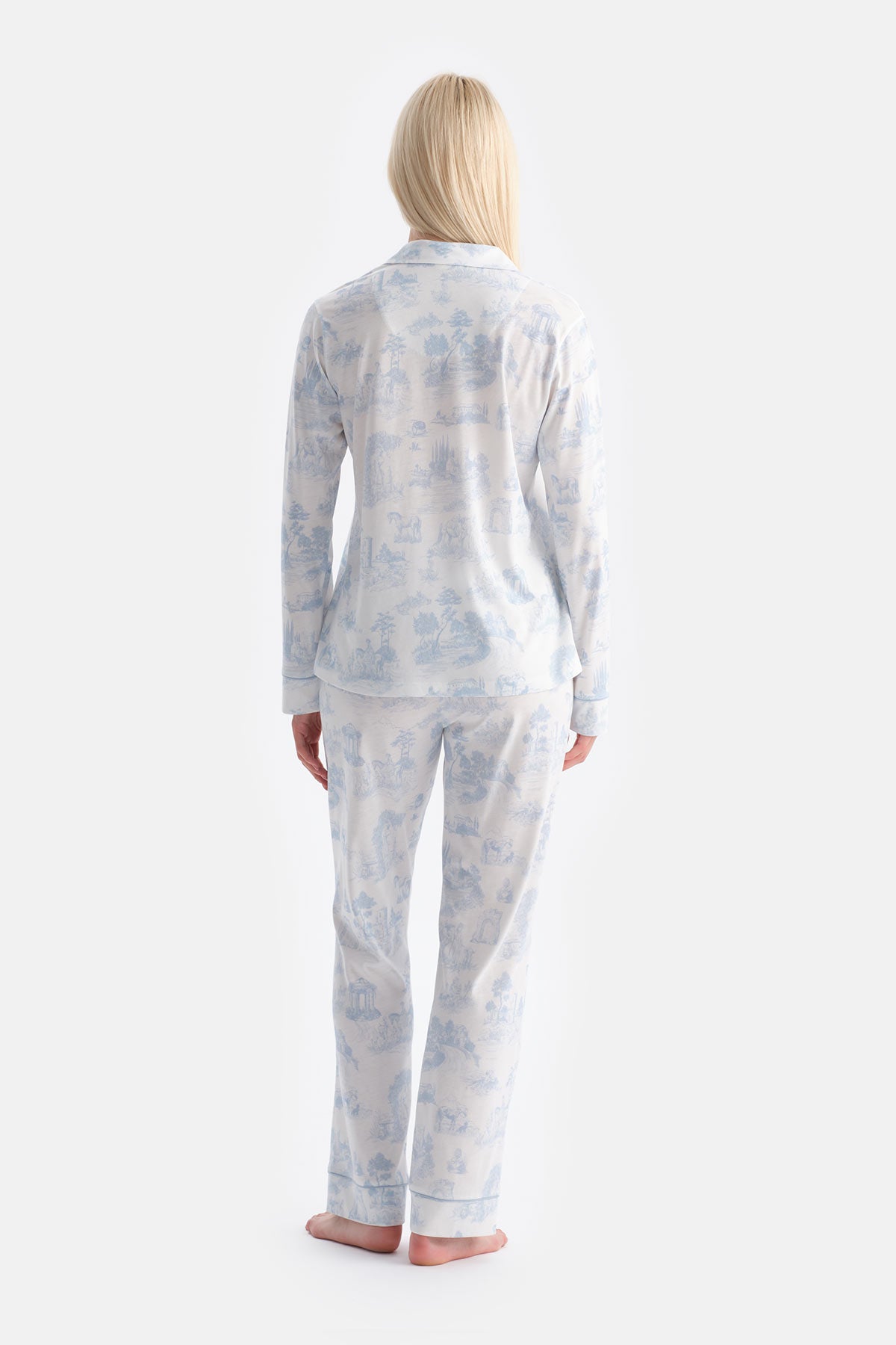 Açık Mavi Manzara Baskılı Gömlek Pantolon Takım