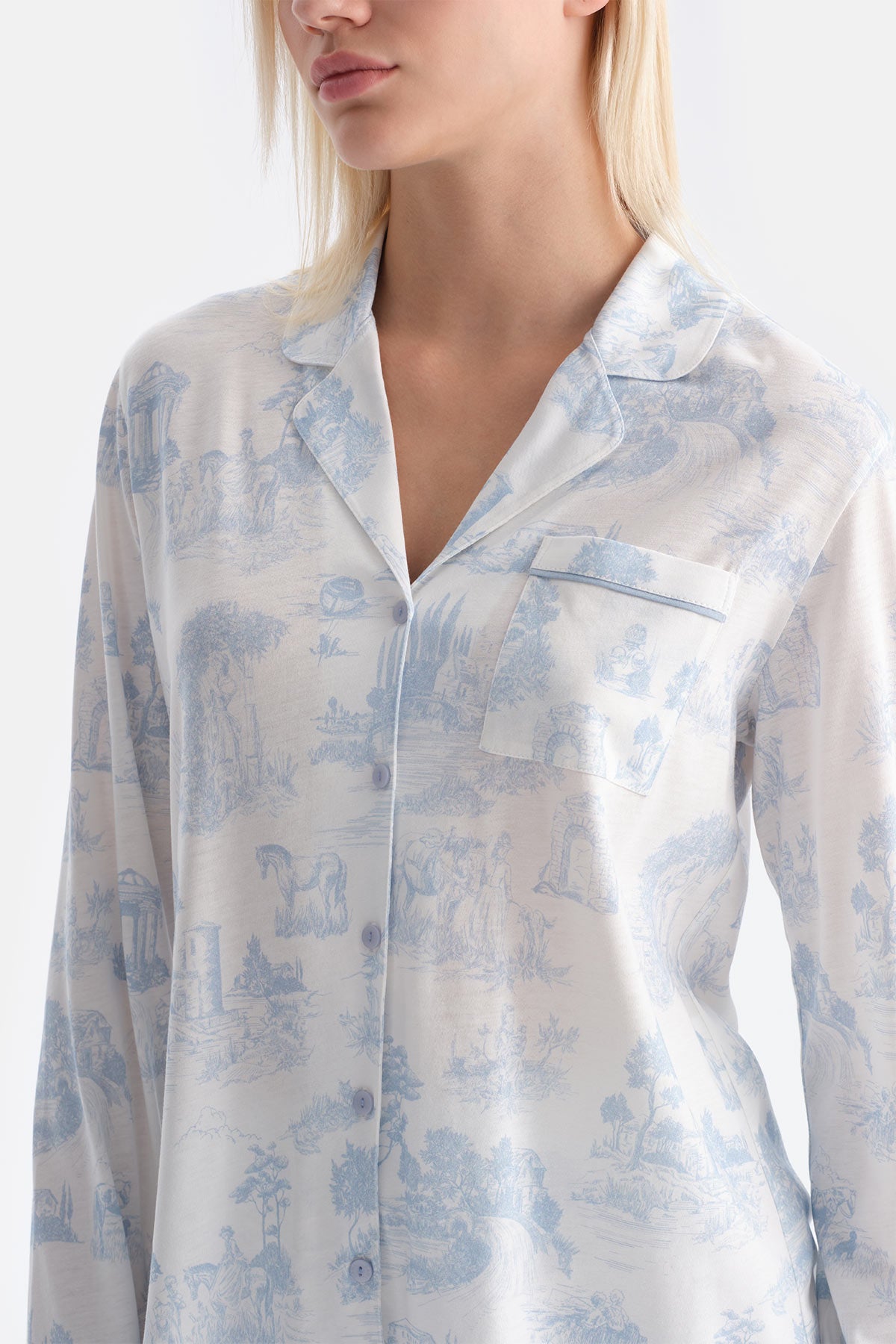 Açık Mavi Manzara Baskılı Gömlek Pantolon Takım