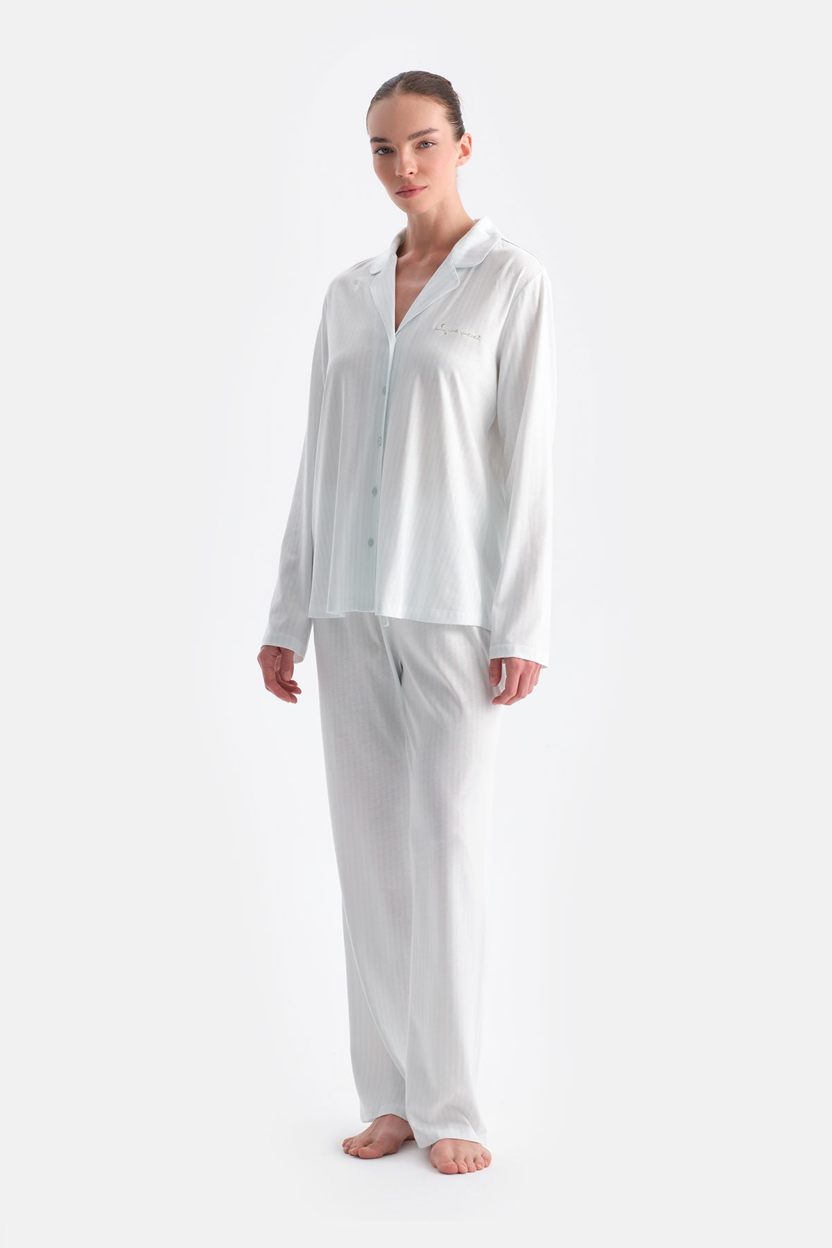 Su Yeşili Çizgili Gömlek Pantolon Takım