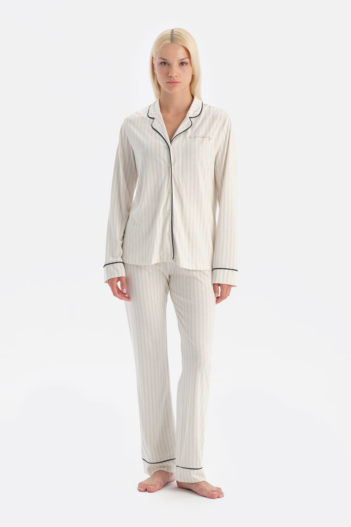 Açık Yeşil Çizgili Gömlek Pantolon Takım