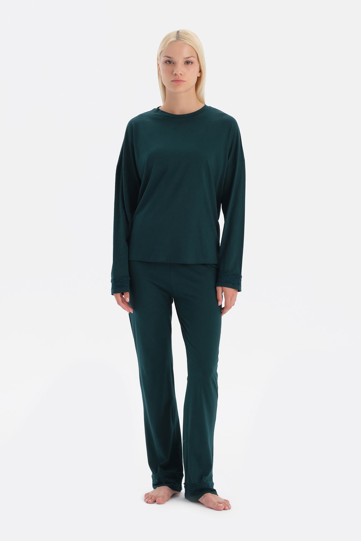 Koyu Yeşil Kayık Yaka Penye Modal Tişört Pantolon Takım