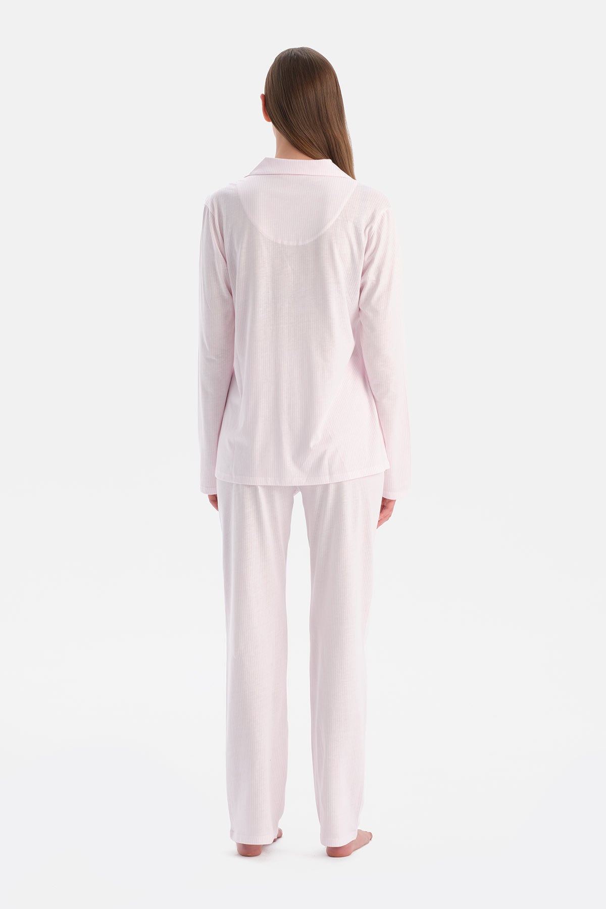 Açık Pembe Çizgili Gömlek Pantolon Takım