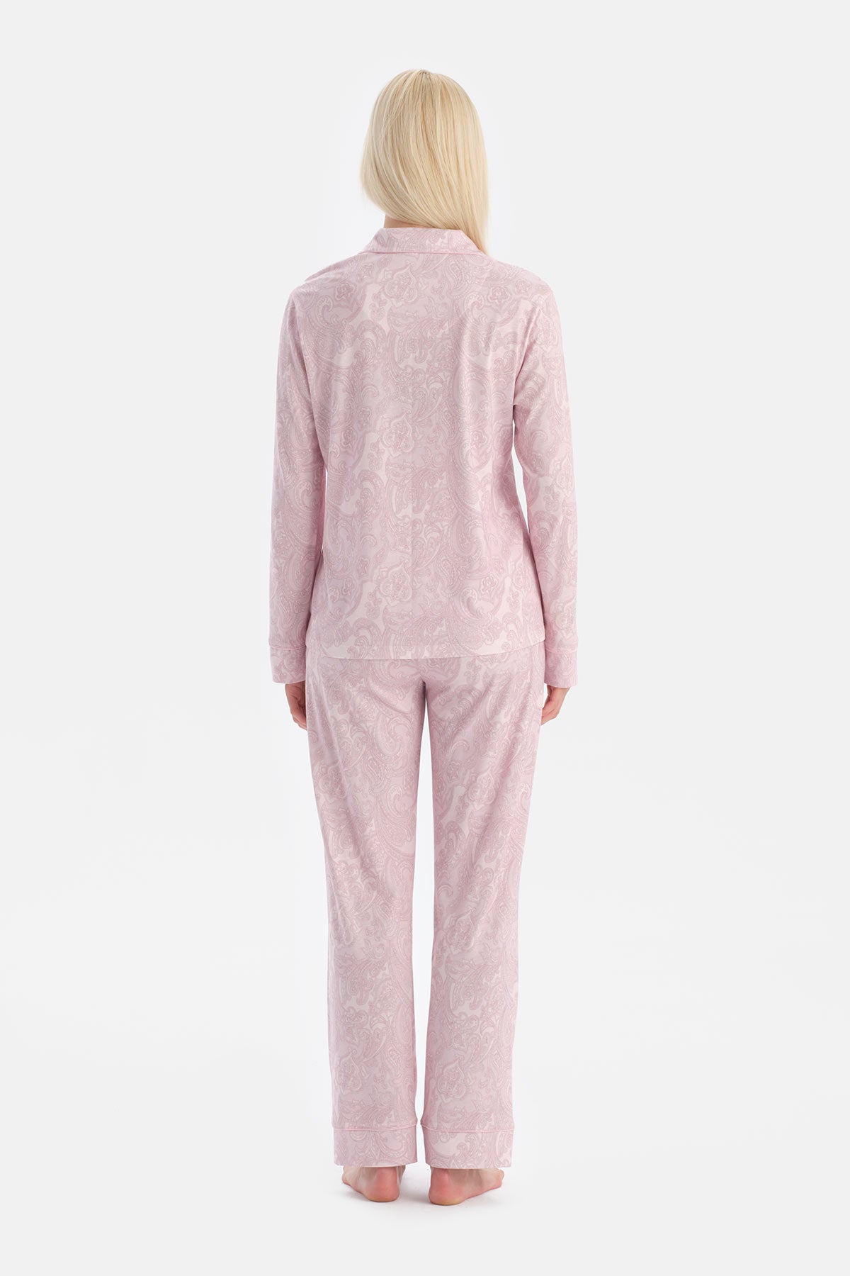 Açık Pembe Şal Desenli Gömlek Pantolon Takım