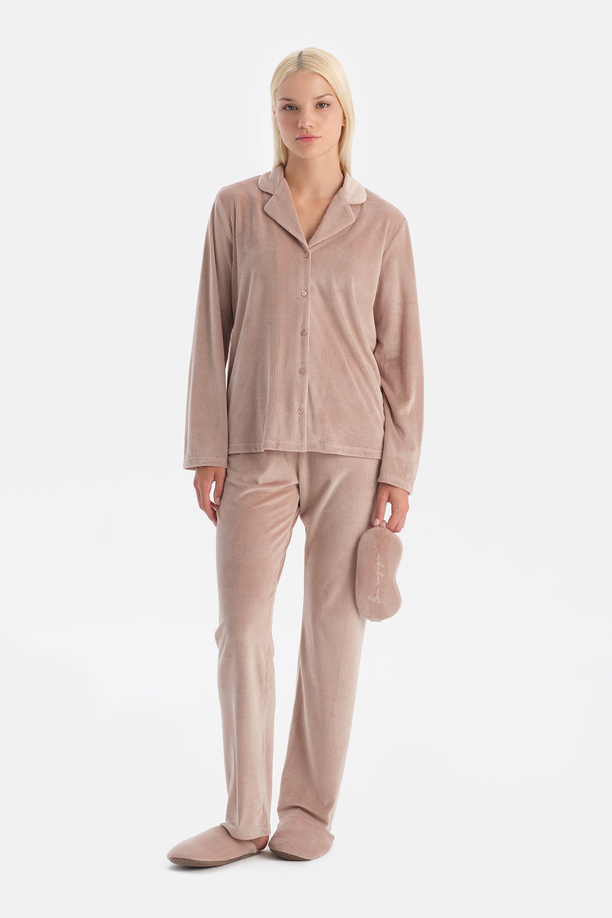 Mürdüm Travel Ribli Kadife Gömlek Pantolon Pijama Seti