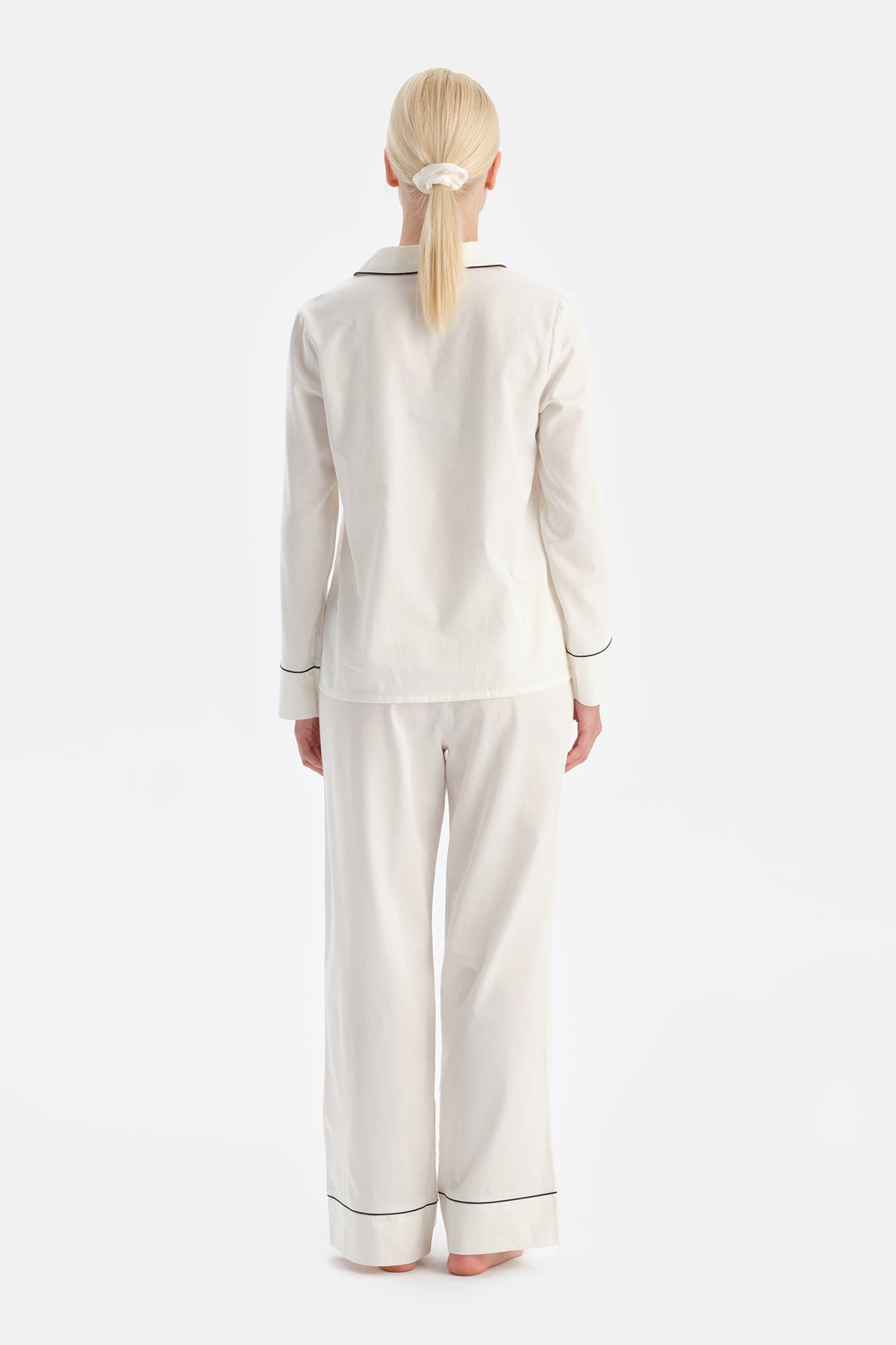 Ekru Travel Biye Detaylı Pamuk Saten Gömlek Pantolon Pijama Seti