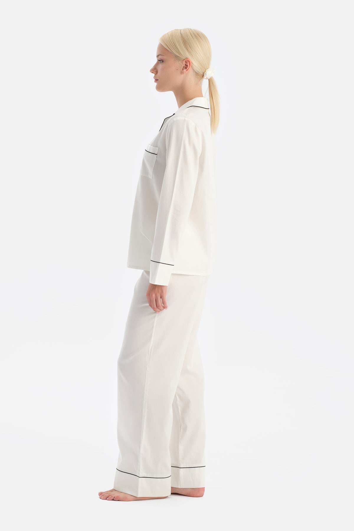 Ekru Travel Biye Detaylı Pamuk Saten Gömlek Pantolon Pijama Seti