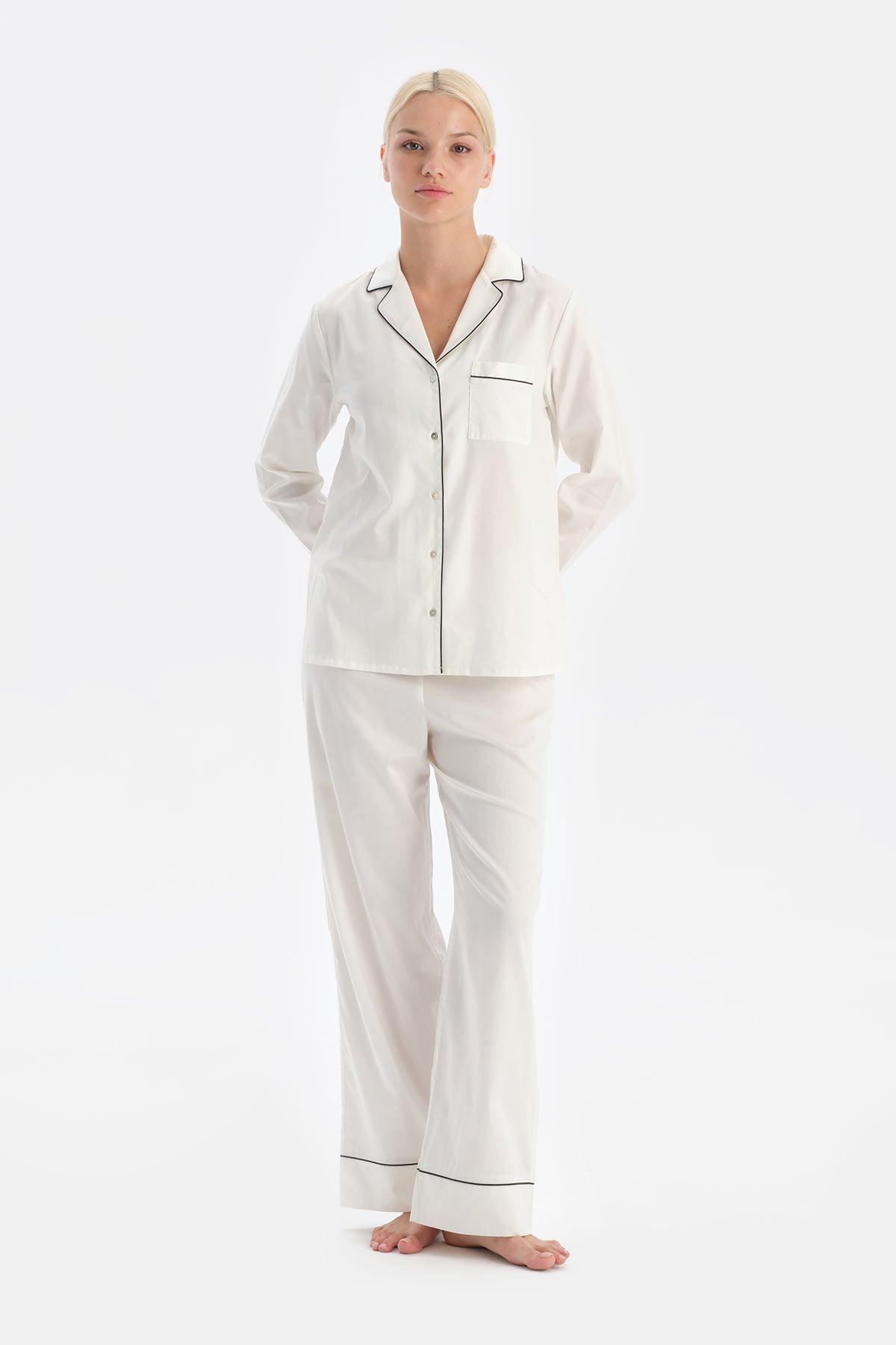 Ekru Travel Biye Detaylı Pamuk Saten Gömlek Pantolon Pijama Seti