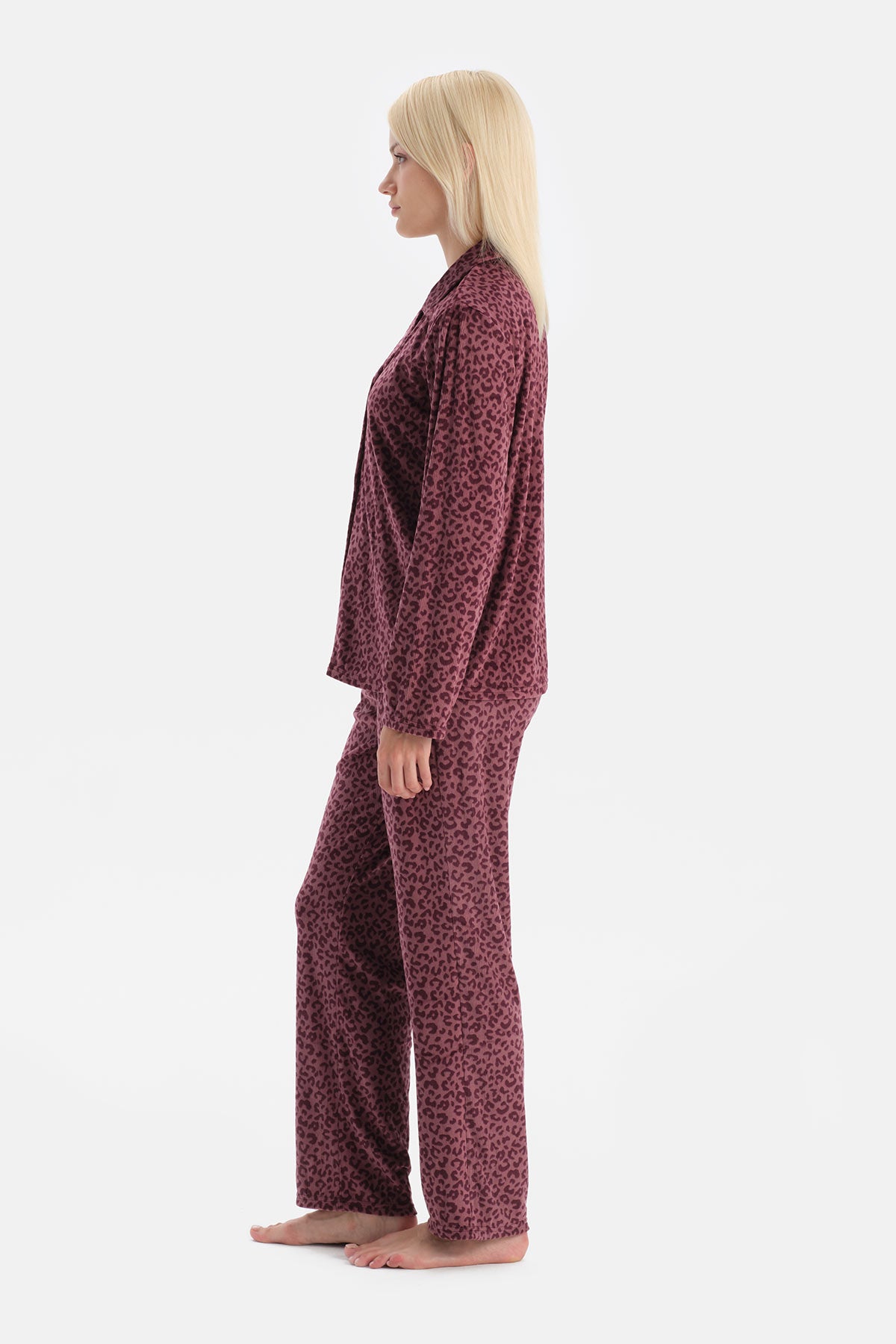 Bordo Leoparlı Kadife Gömlek Pantolon Takım