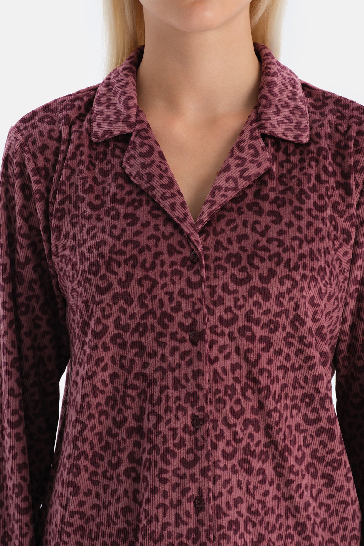 Bordo Leoparlı Kadife Gömlek Pantolon Takım