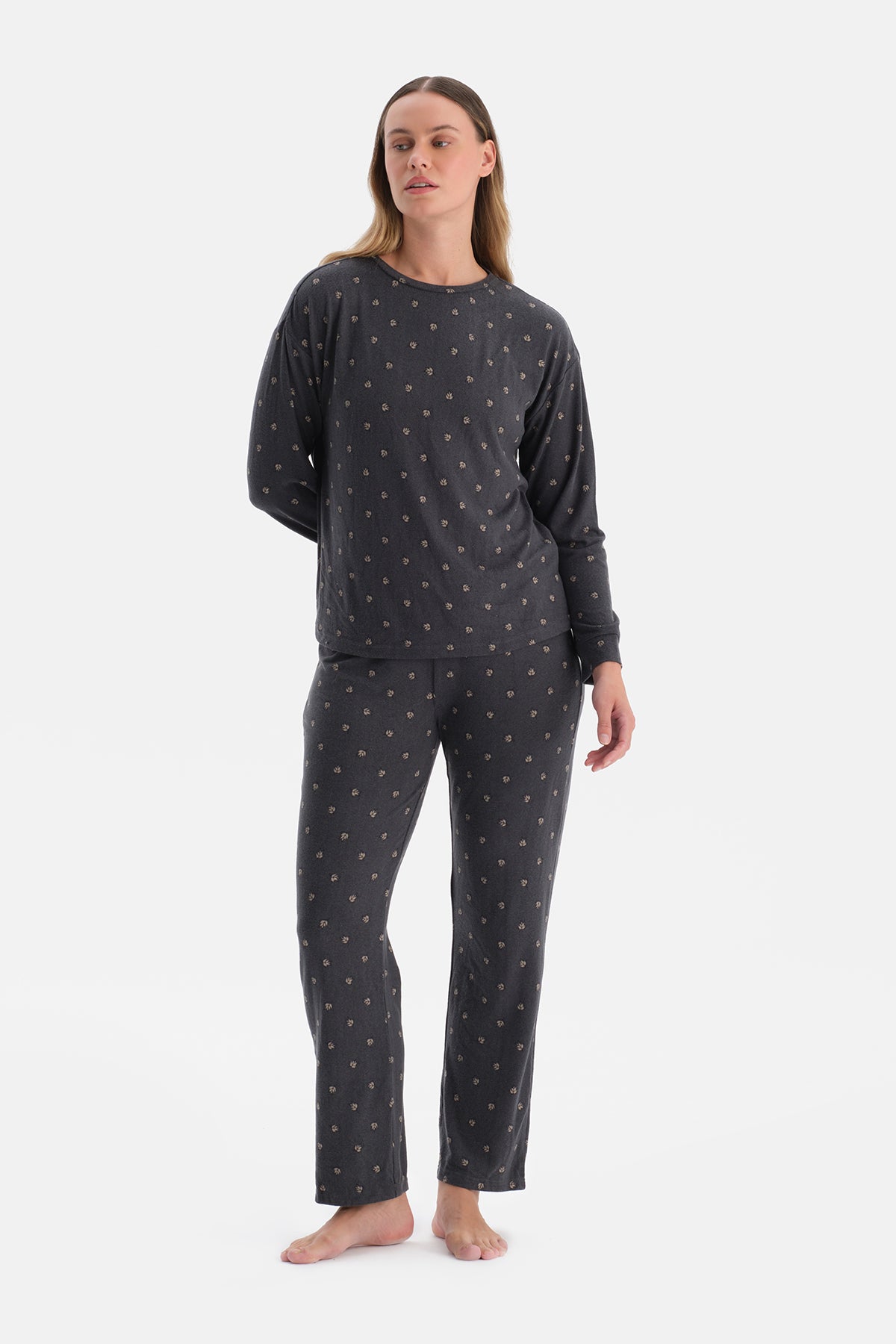 Antrasıt Desenli Termal Tişört Pantolon Pijama Takımı