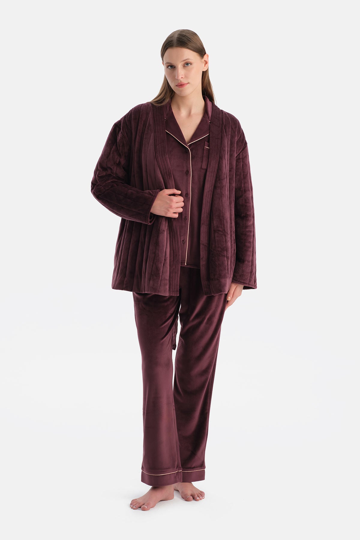 Bordo Çizgi Görünümlü Kadife Sabahlık