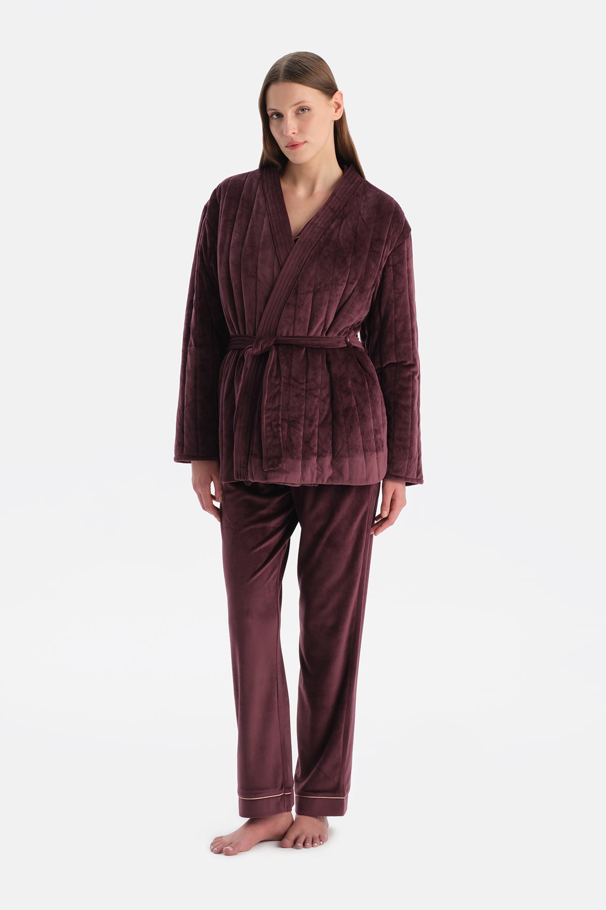 Bordo Çizgi Görünümlü Kadife Sabahlık