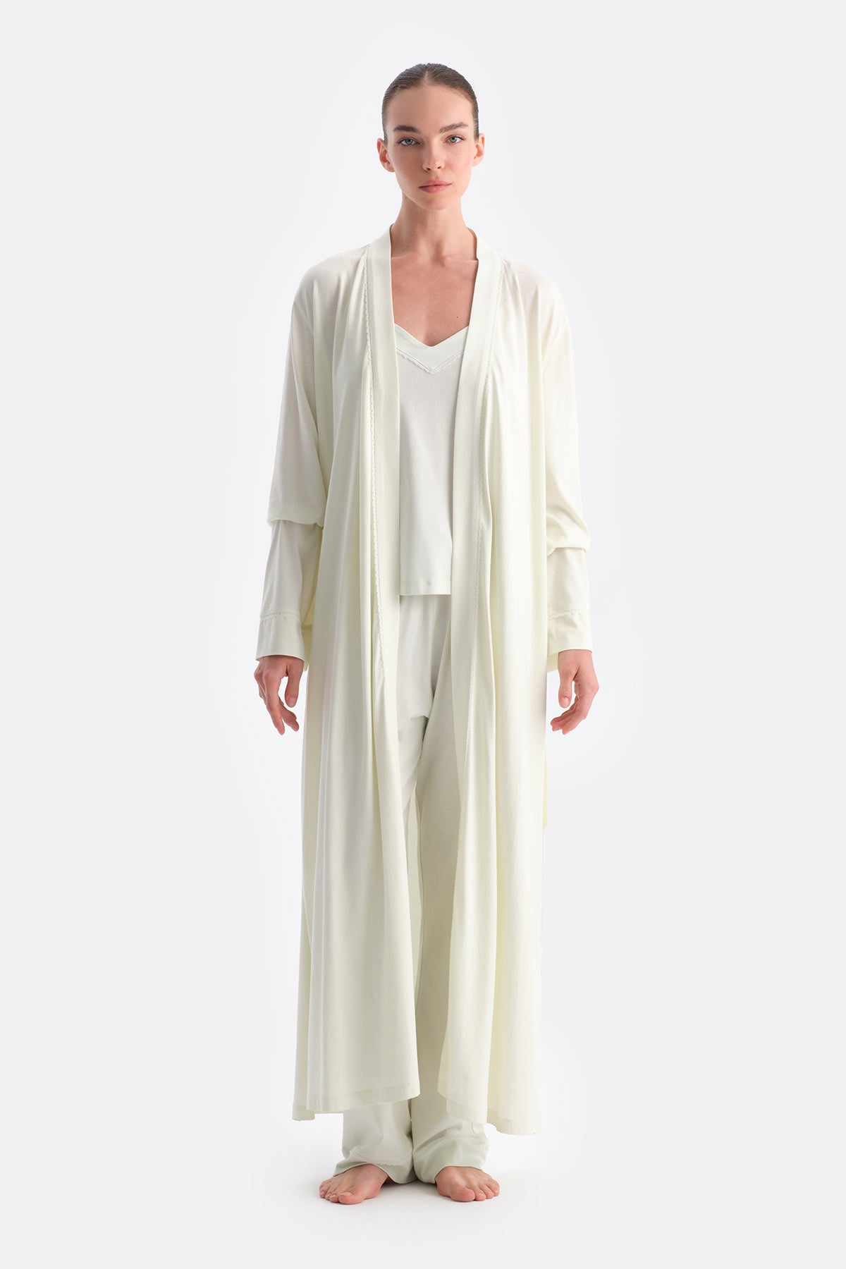 Su Yeşili Dantel Detaylı Örme Sabahlık