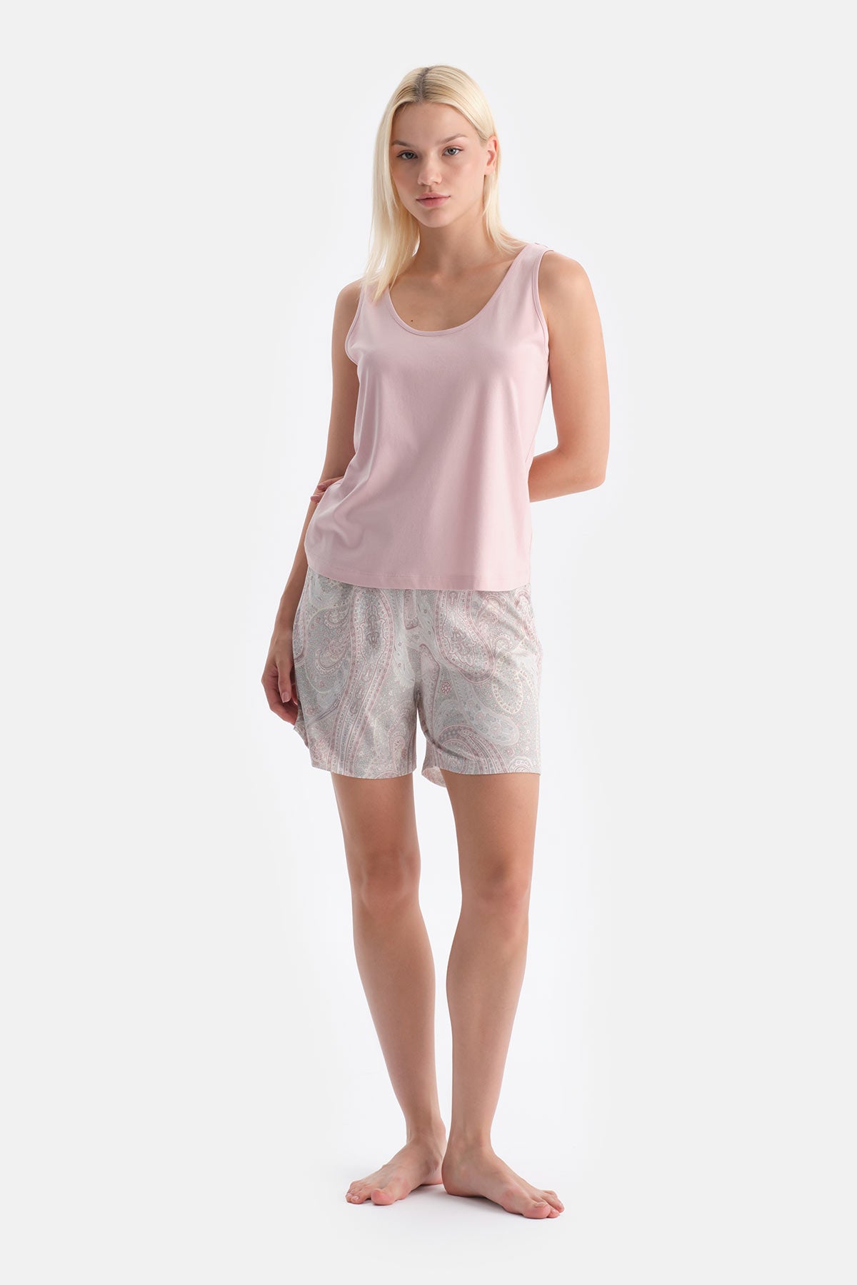 Açık Pembe Kalın Askılı Baskılı Atlet Şort Takım