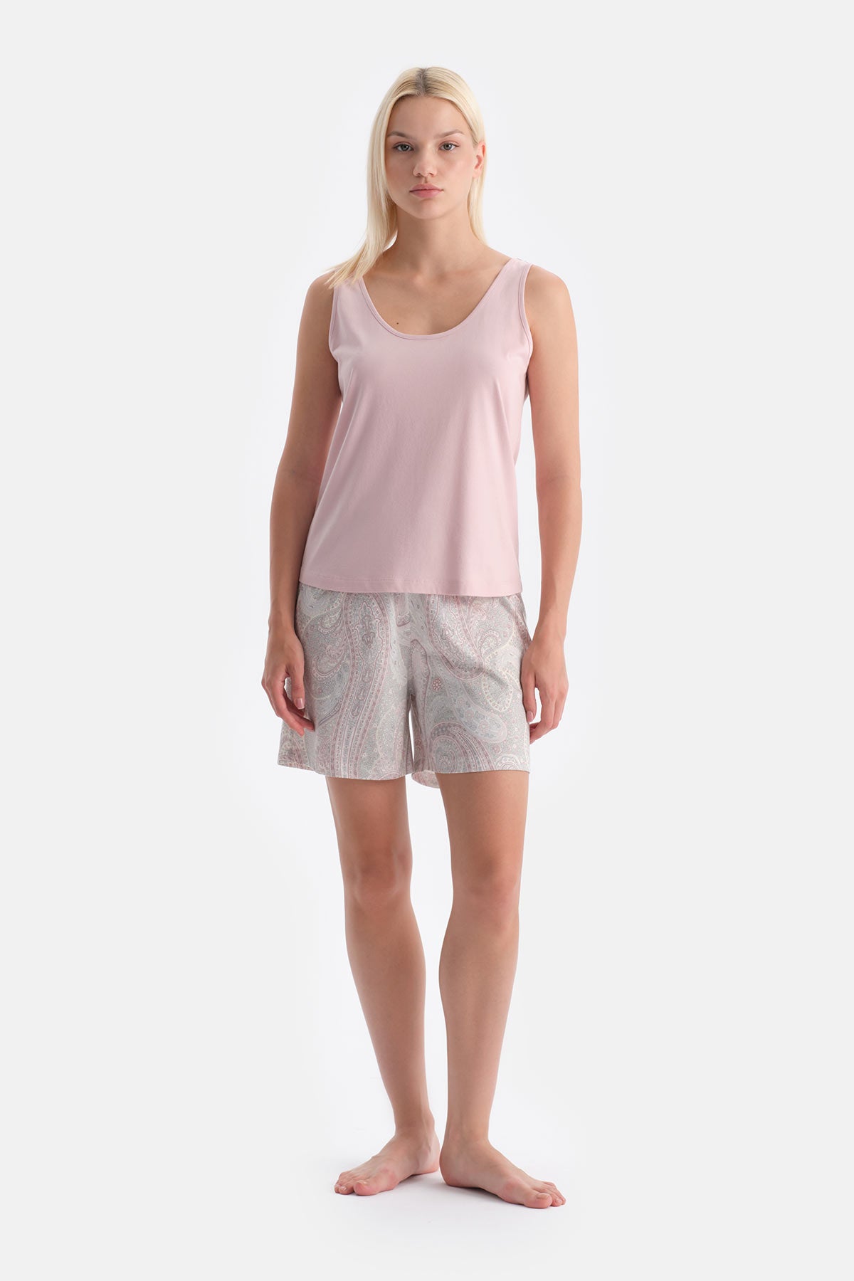 Açık Pembe Kalın Askılı Baskılı Atlet Şort Takım