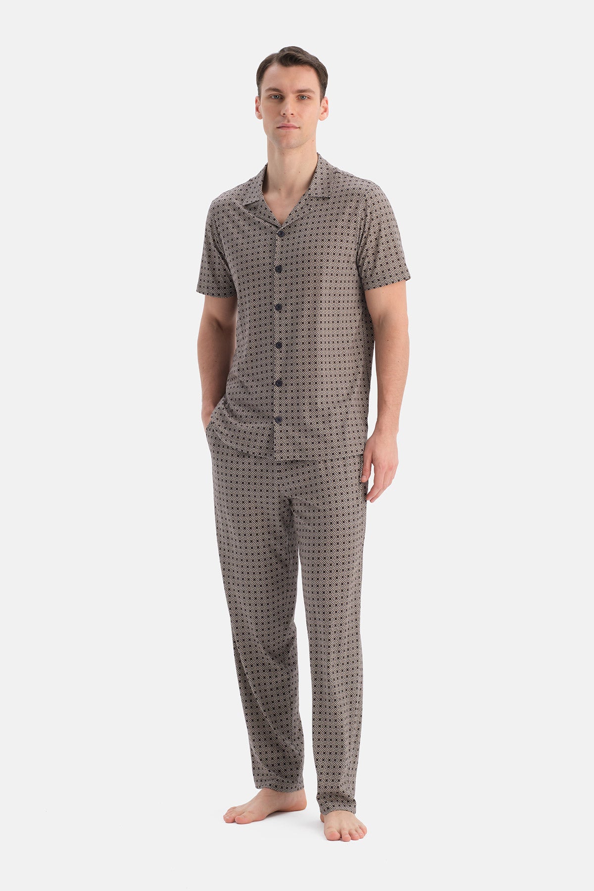Multicolor Geometrik Desenli Pamuk Modal Gömlek Pantolon Takım