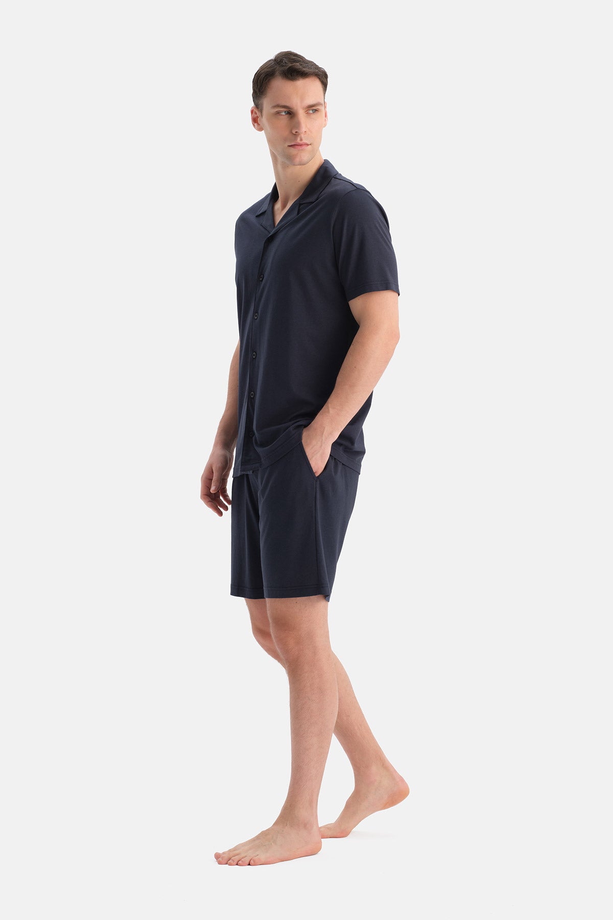 Lacivert Kısa Kollu Pamuk Modal Gömlek Şort Takım