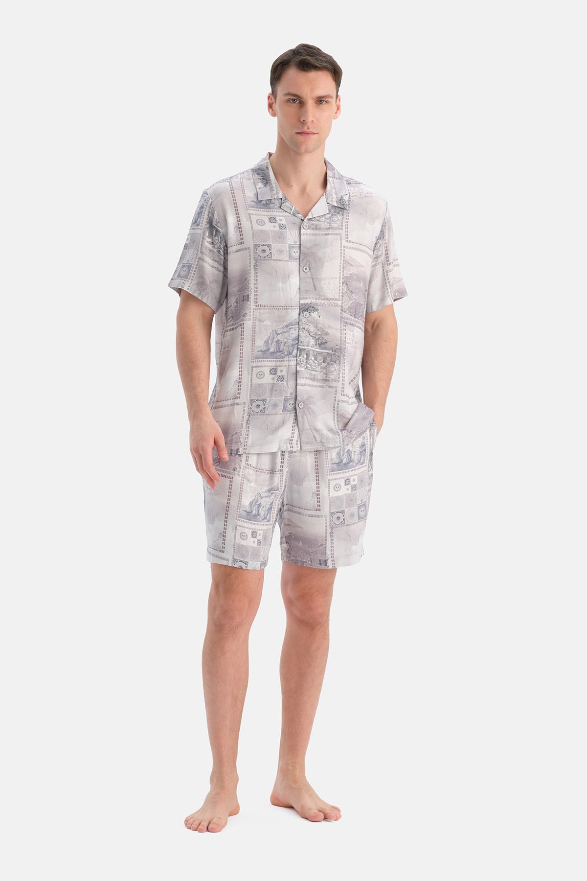 Mavi Desenli Kısa Kollu Dokuma Gömlek Şort Takım