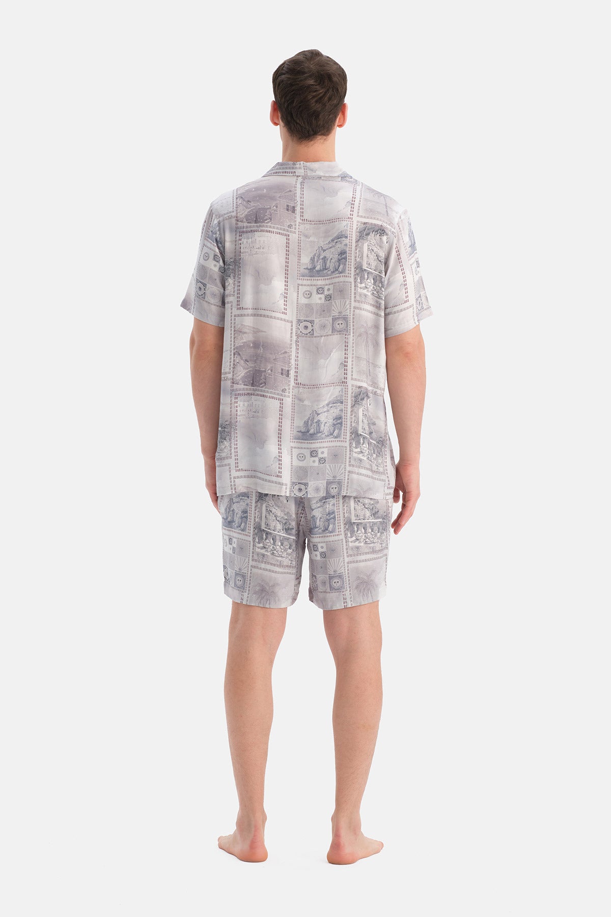 Mavi Desenli Kısa Kollu Dokuma Gömlek Şort Takım