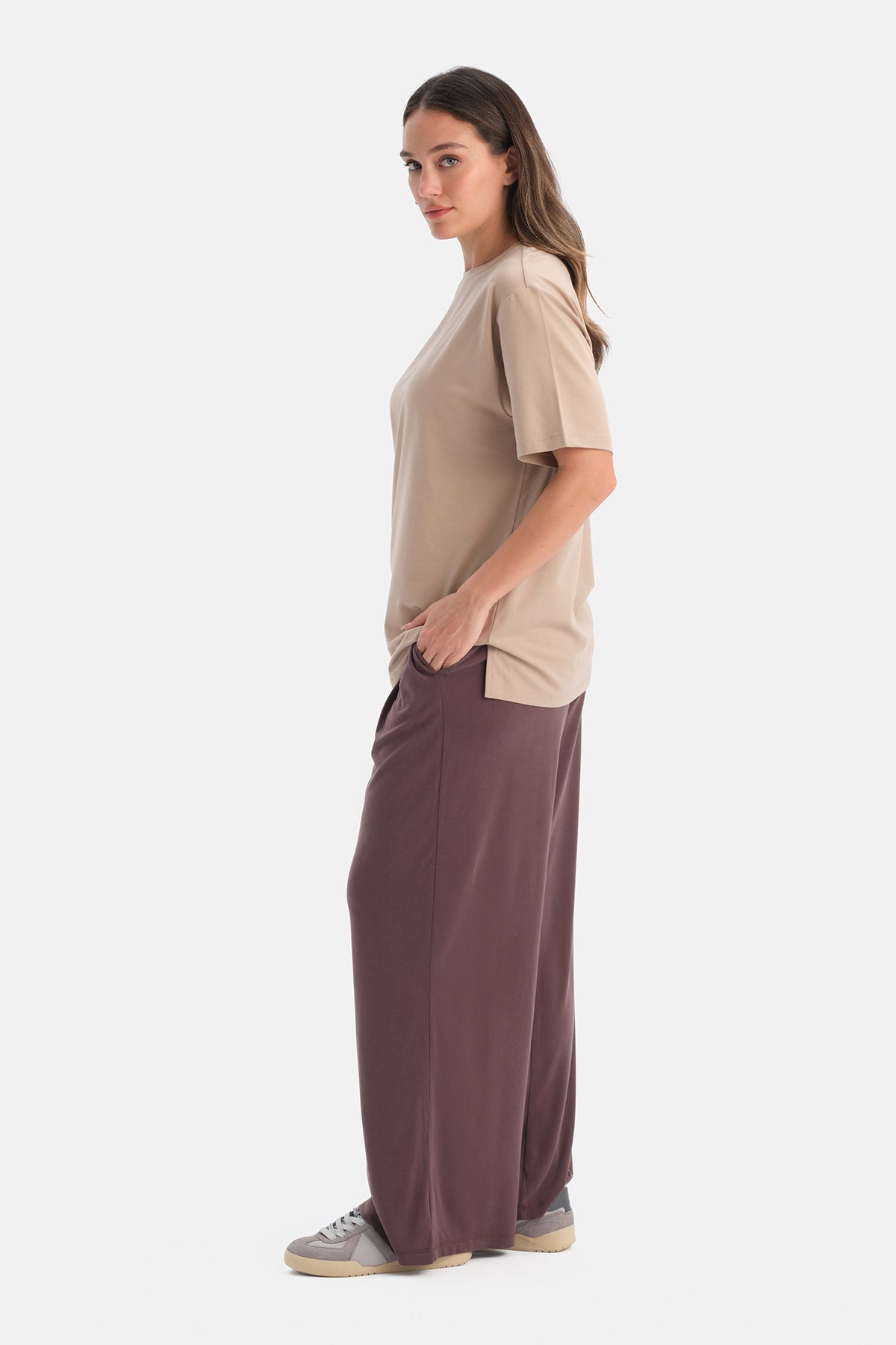 Sütlü Kahve Bisiklet Yaka Oversize Tişört