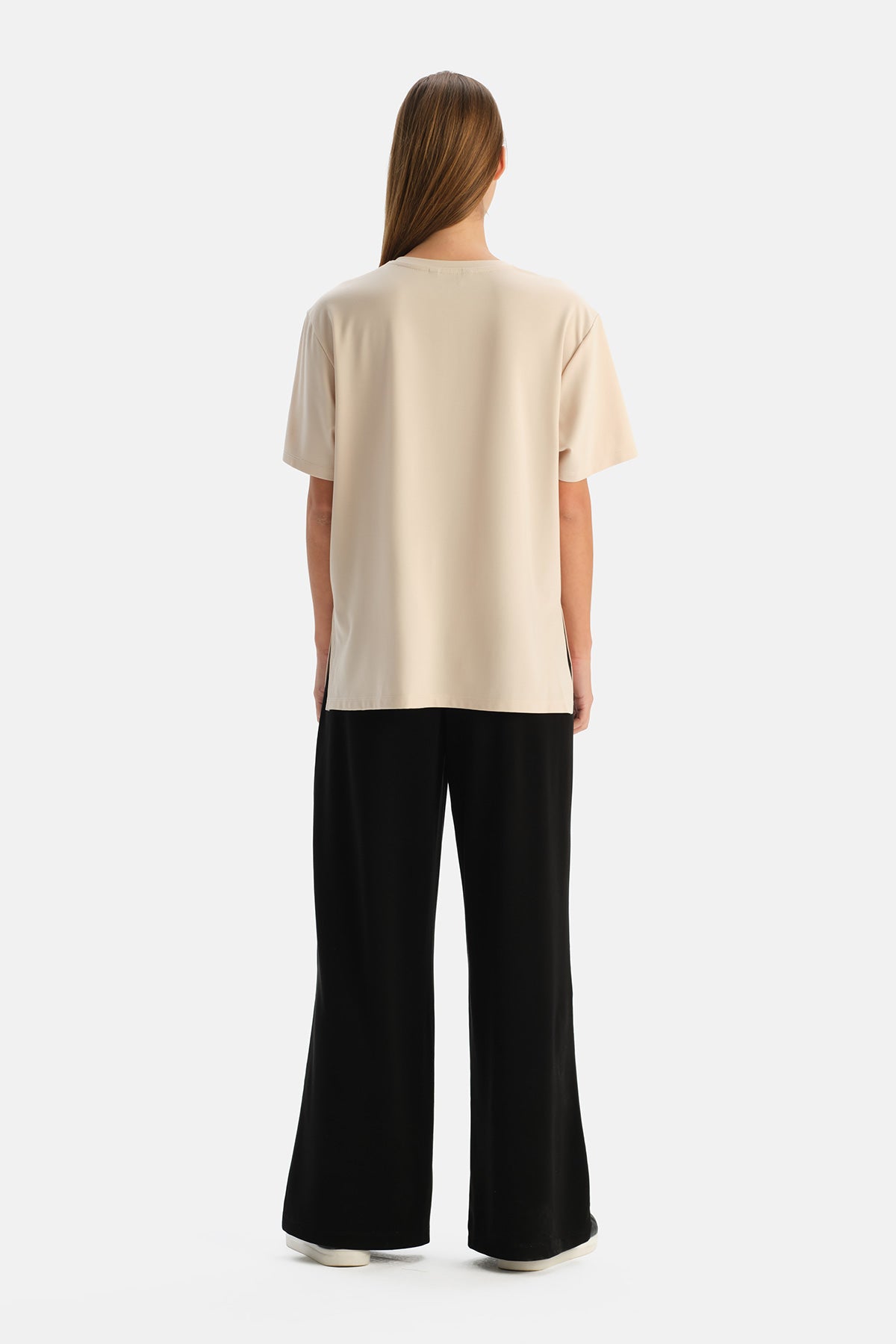 Siyah Rib Rayon Karışımlı Bol Paça Pantolon