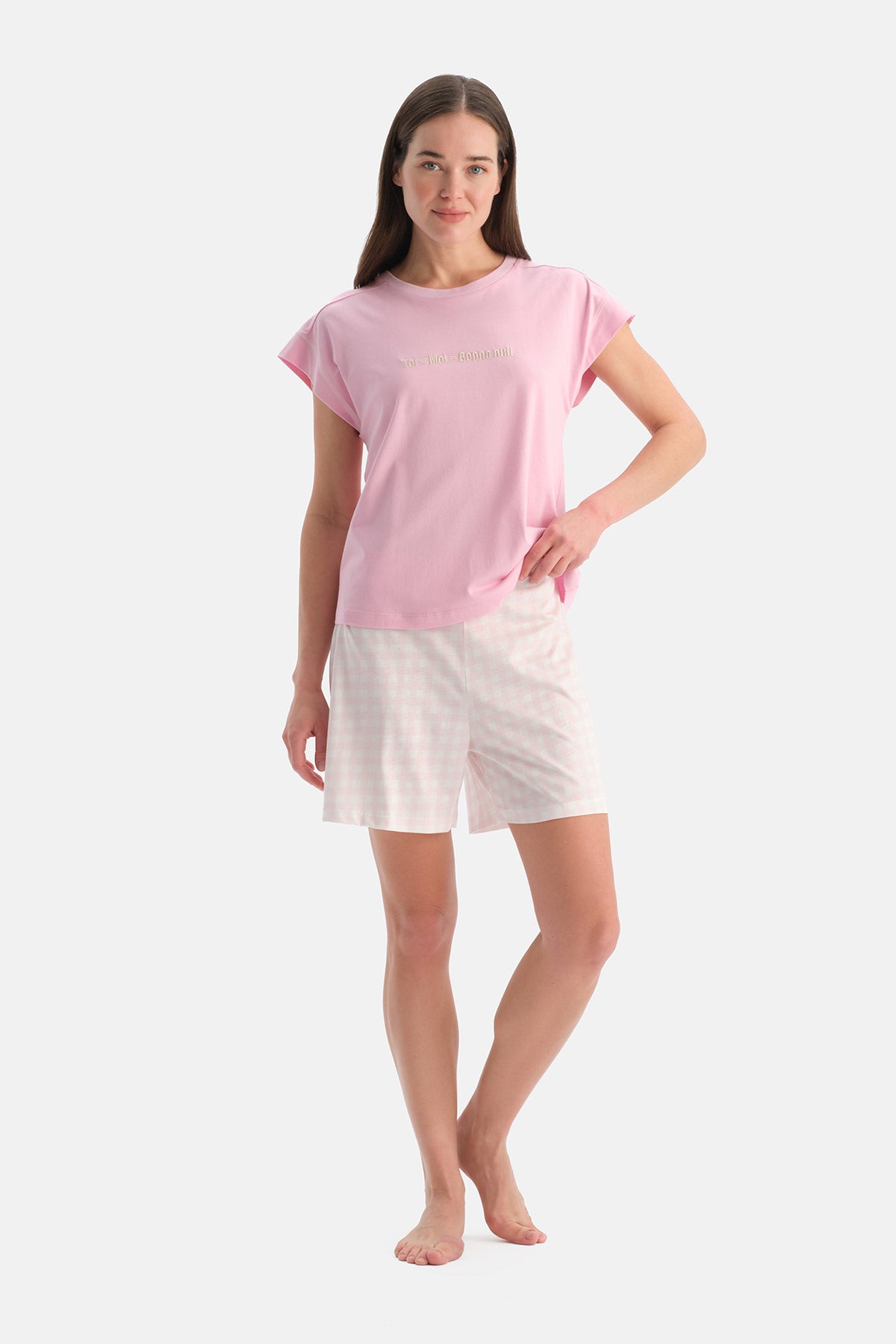 Açık Pembe Nakış Detaylı Tişört Şort Pijama Takımı