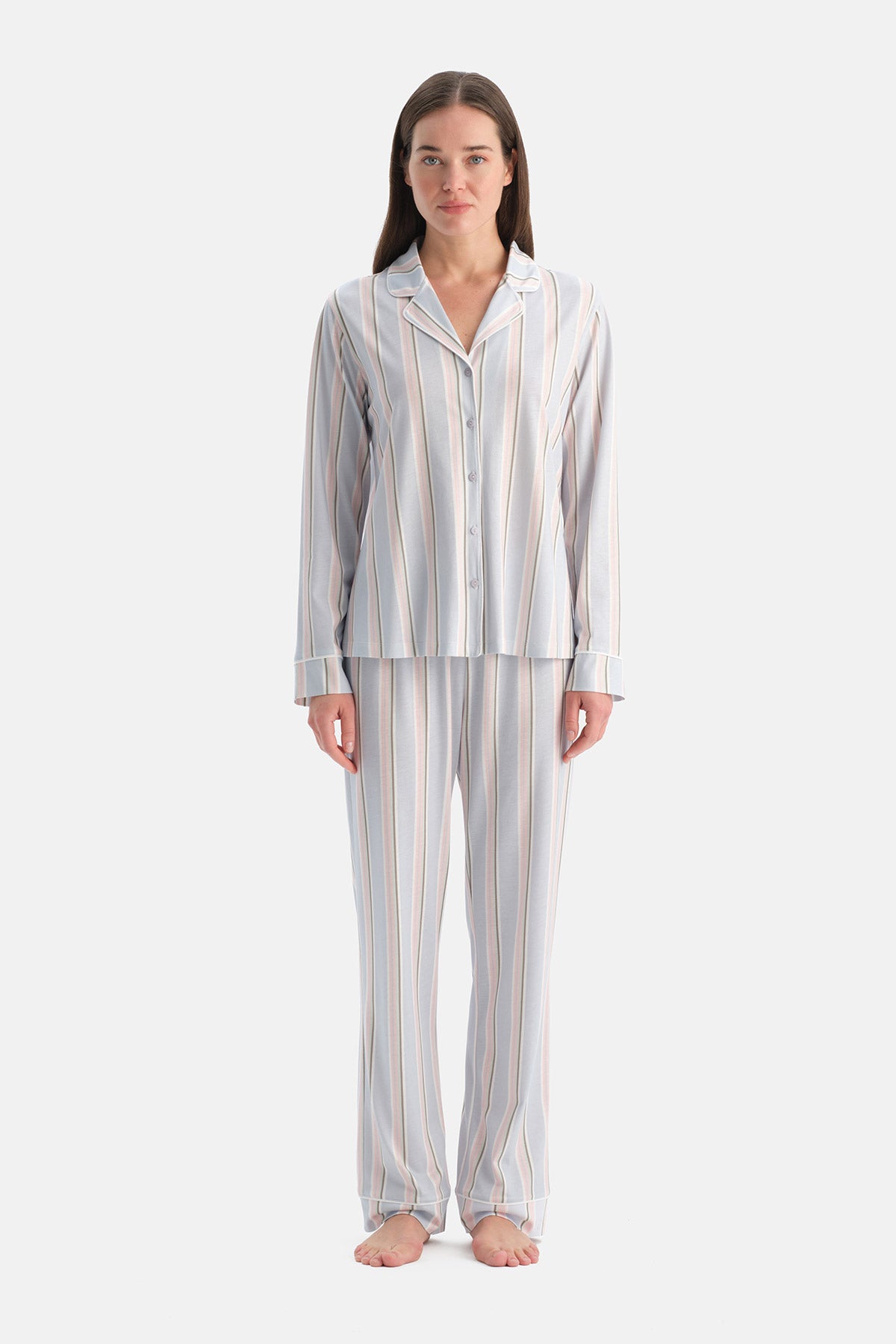 Açık Mavi Çizgili Pamuk Modal Gömlek Pijama Takımı