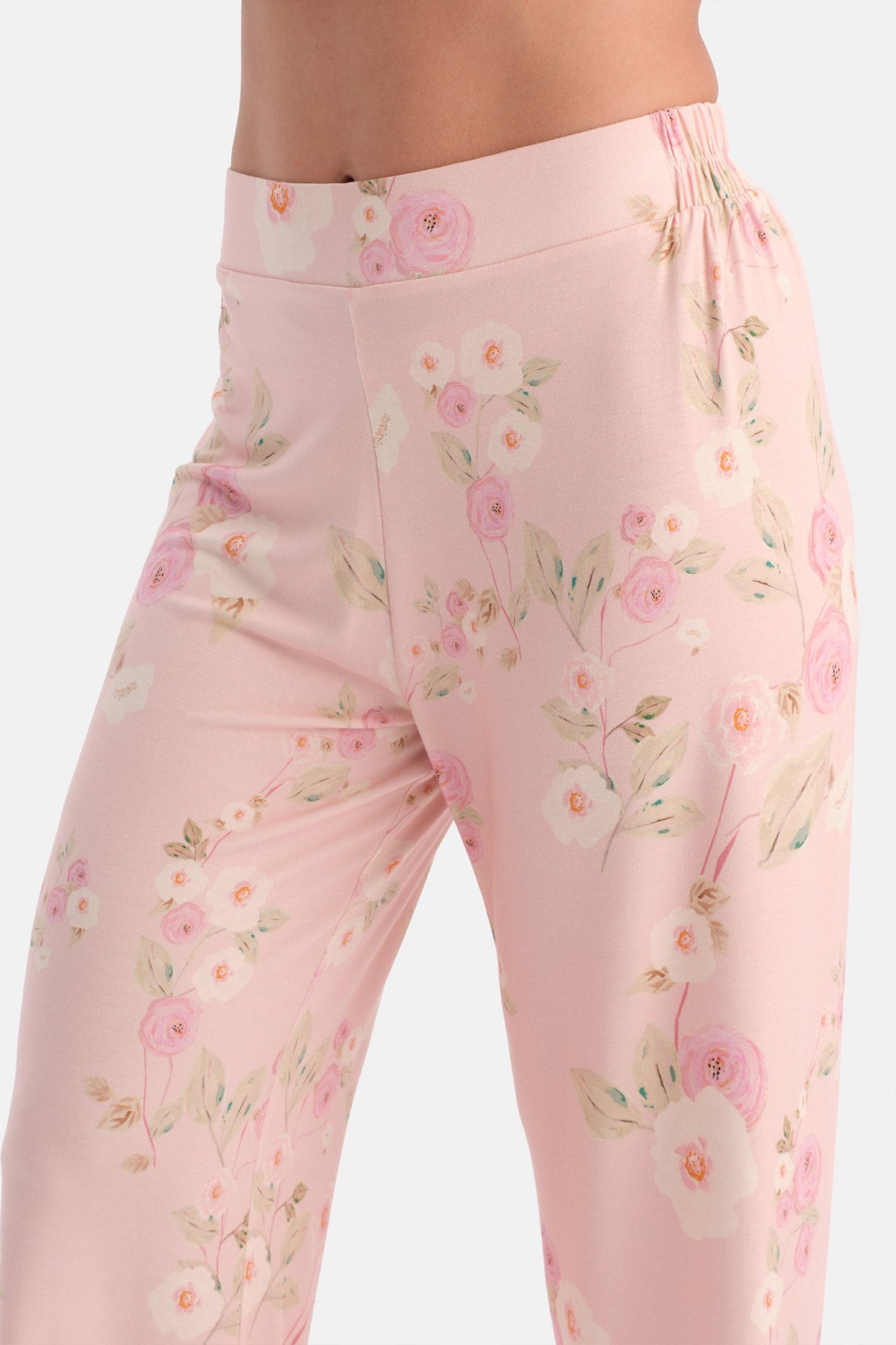 Açık Pembe Çiçekli Siroviskon Gömlek Pijama Takımı