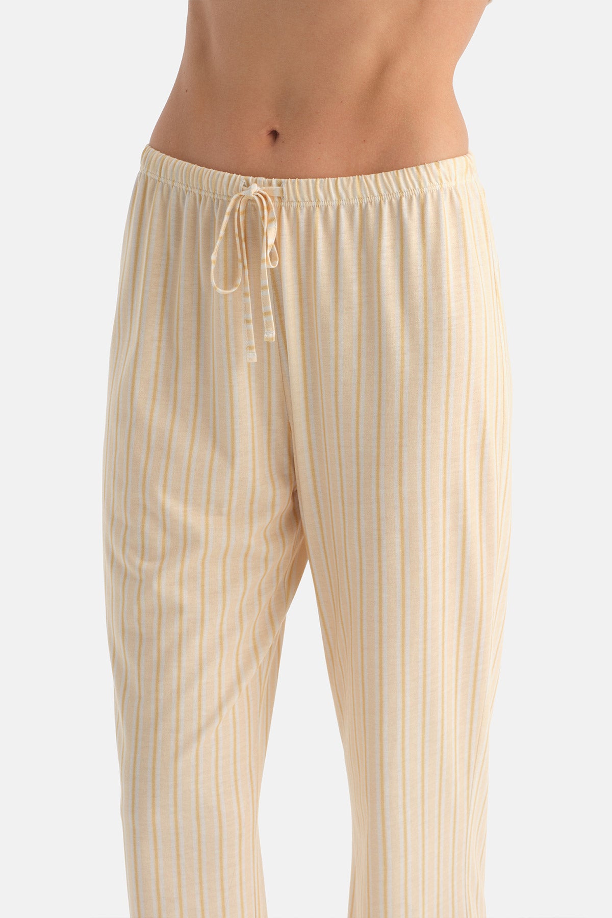Açık Sarı Çizgili Pamuk Modal Gömlek Pijama Takımı