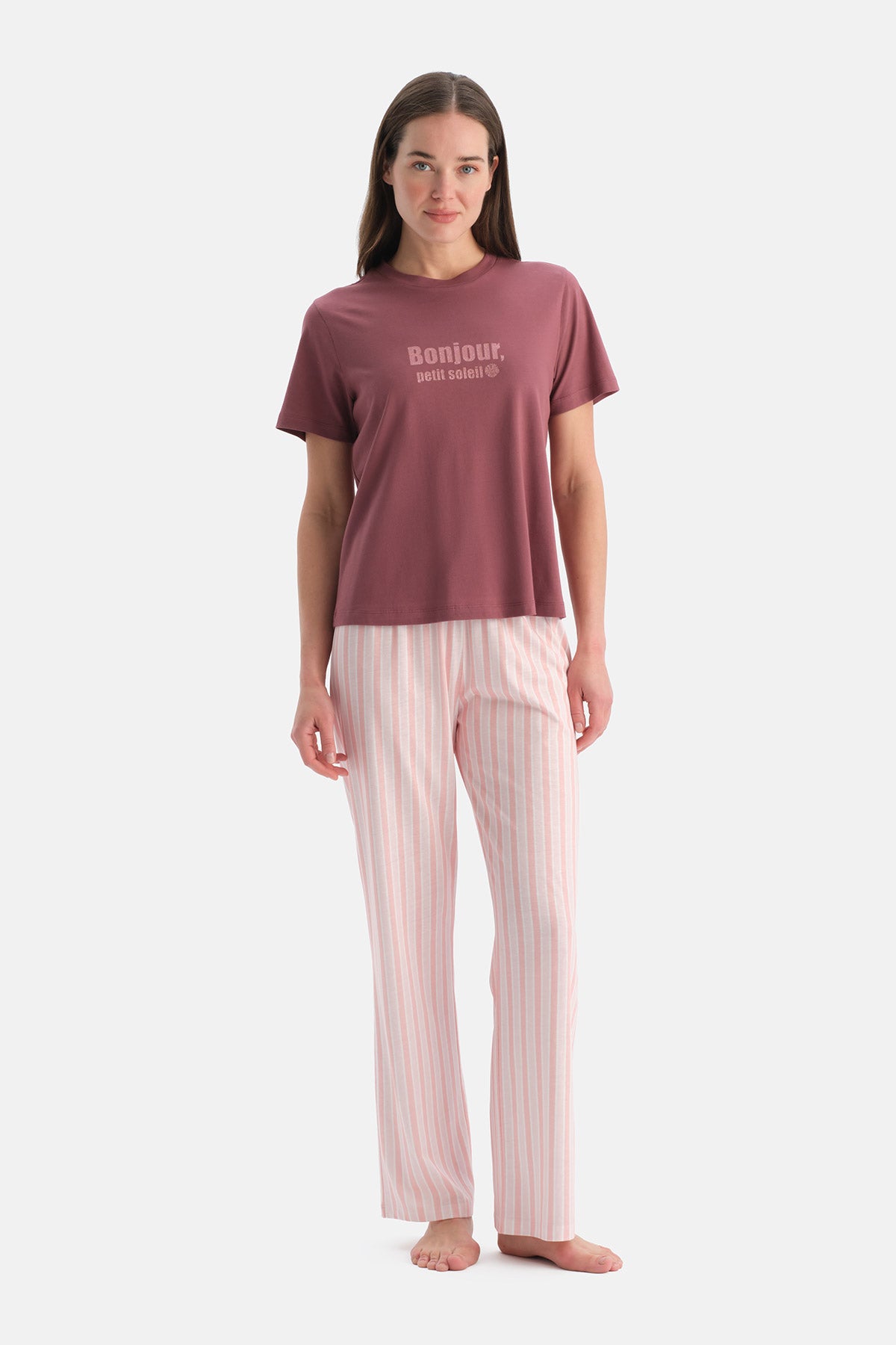 Gül Kurusu Baskılı Tişört Pijama Takımı