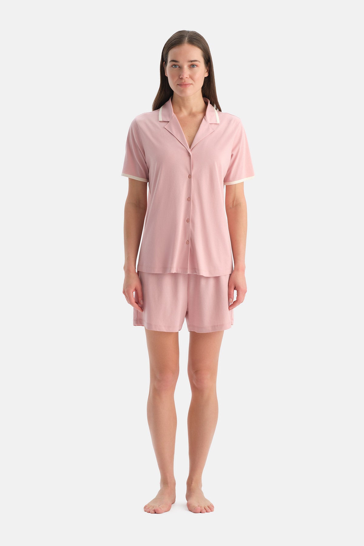 Açık Pembe Kısa Kollu Pamuk Modal Gömlek Şort Pijama Takımı